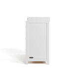 Teddi white with driftwood knobs 3 drawer chest with changing topper side view