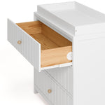 Teddi white with driftwood knobs 3 drawer chest close up of top drawer open