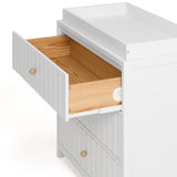 Teddi white with driftwood knobs 3 drawer chest close up of top drawer open