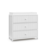 Teddi white with white knobs 3 drawer chest with changing topper angle view