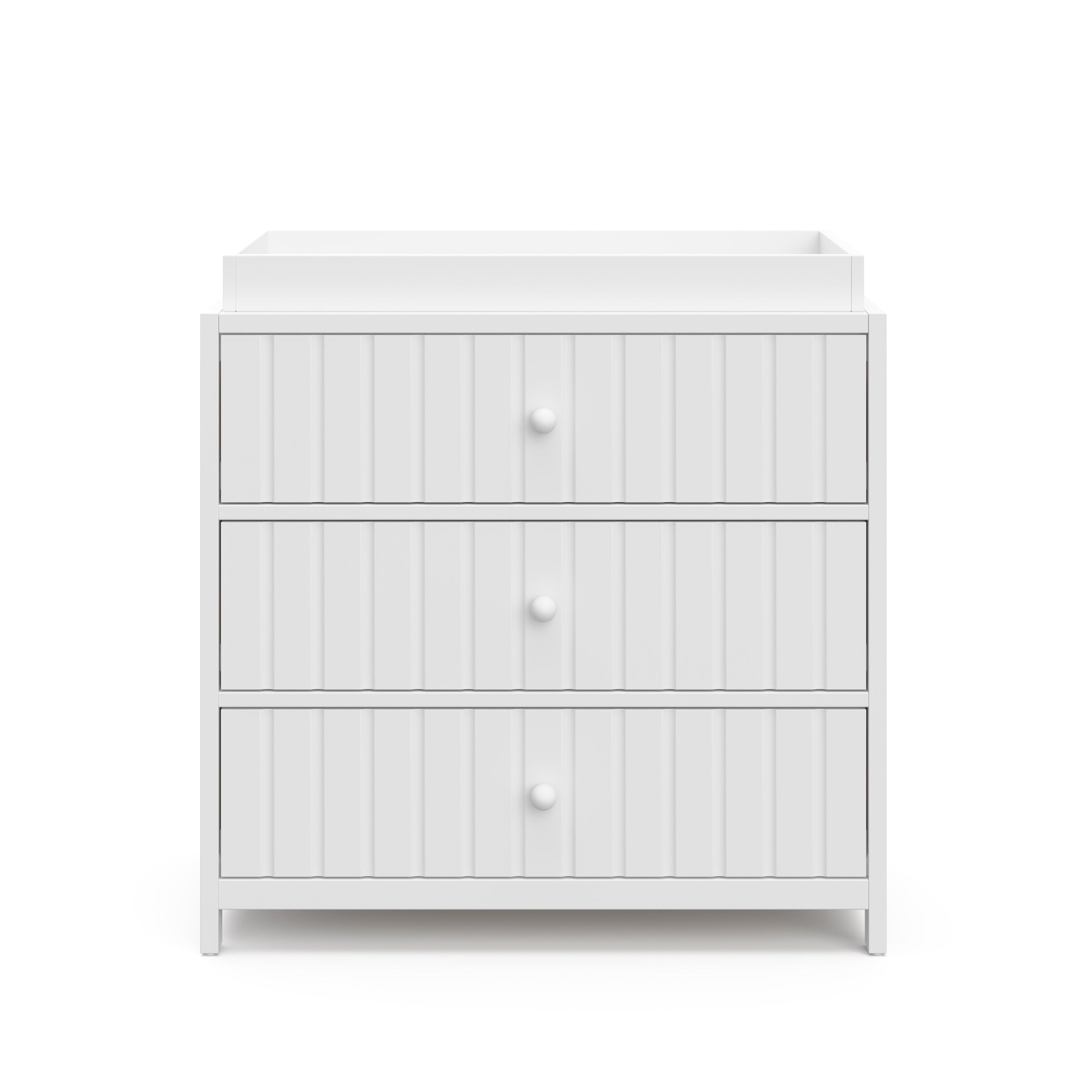 Teddi white with white knobs 3 drawer chest with changing topper front view