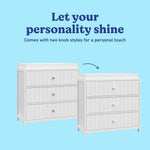 Teddi white 3 drawer chest with changing topper two knob styles callout