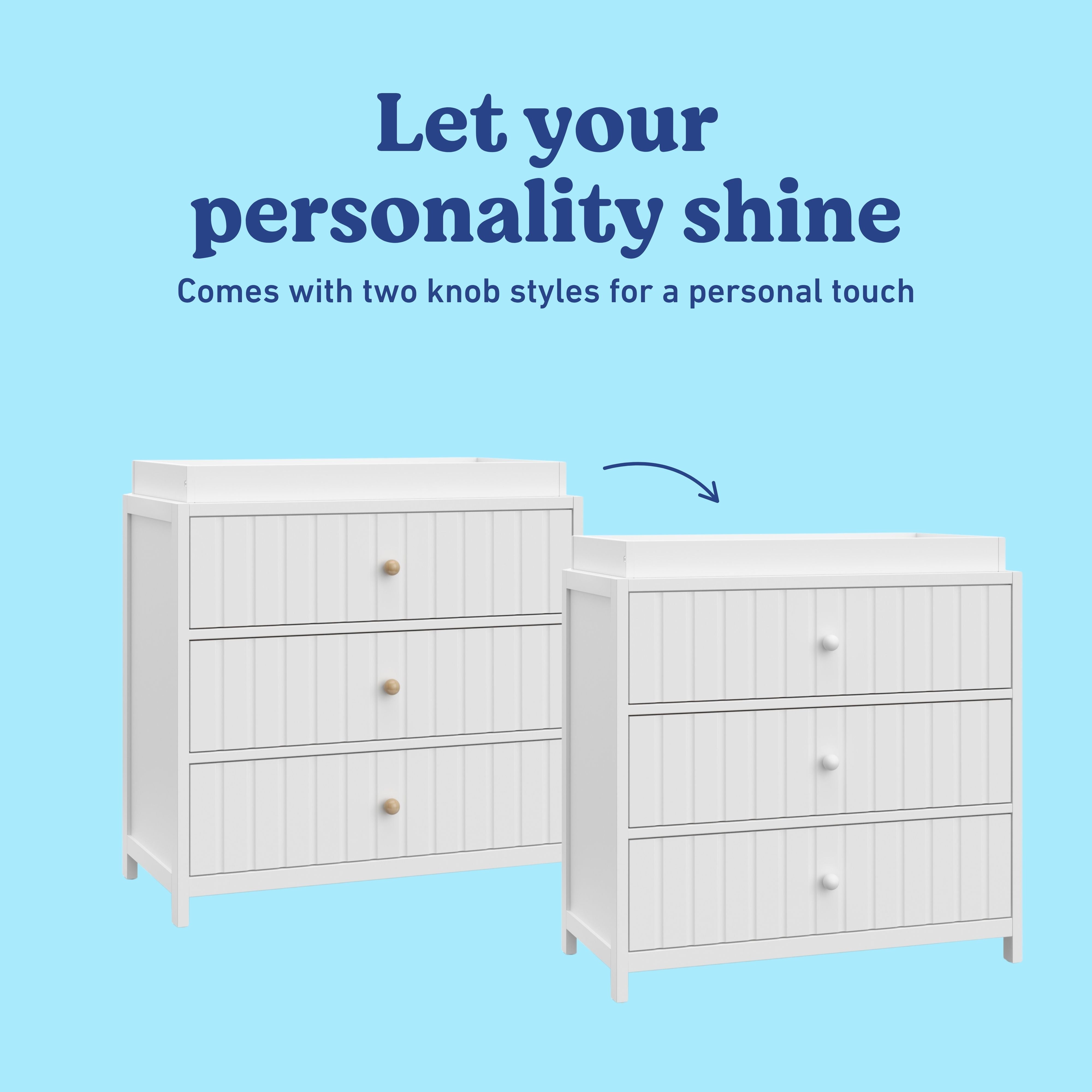 Teddi white 3 drawer chest with changing topper two knob styles callout