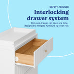 Teddi white 3 drawer chest with changing topper interlocking drawers callout