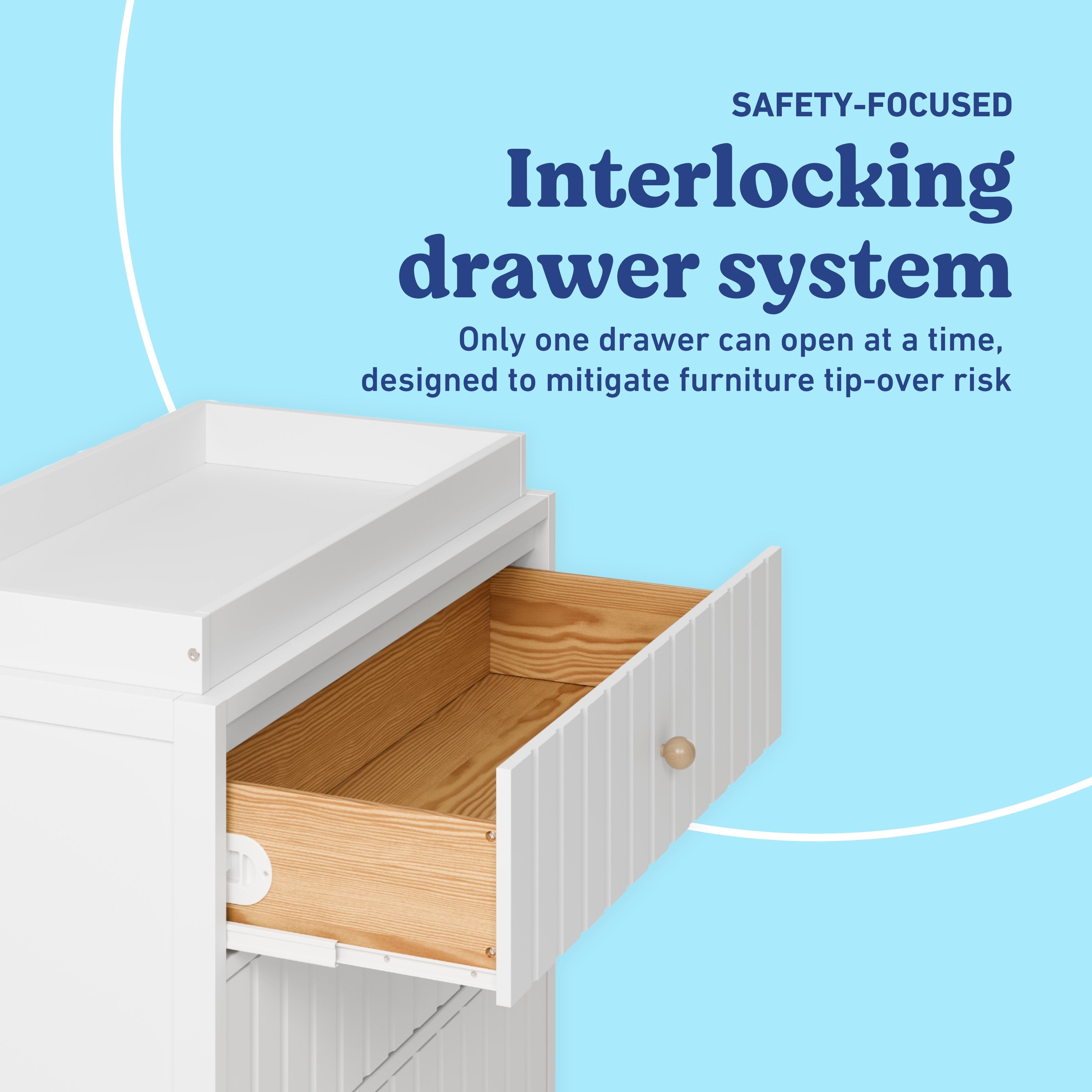 Teddi white 3 drawer chest with changing topper interlocking drawers callout