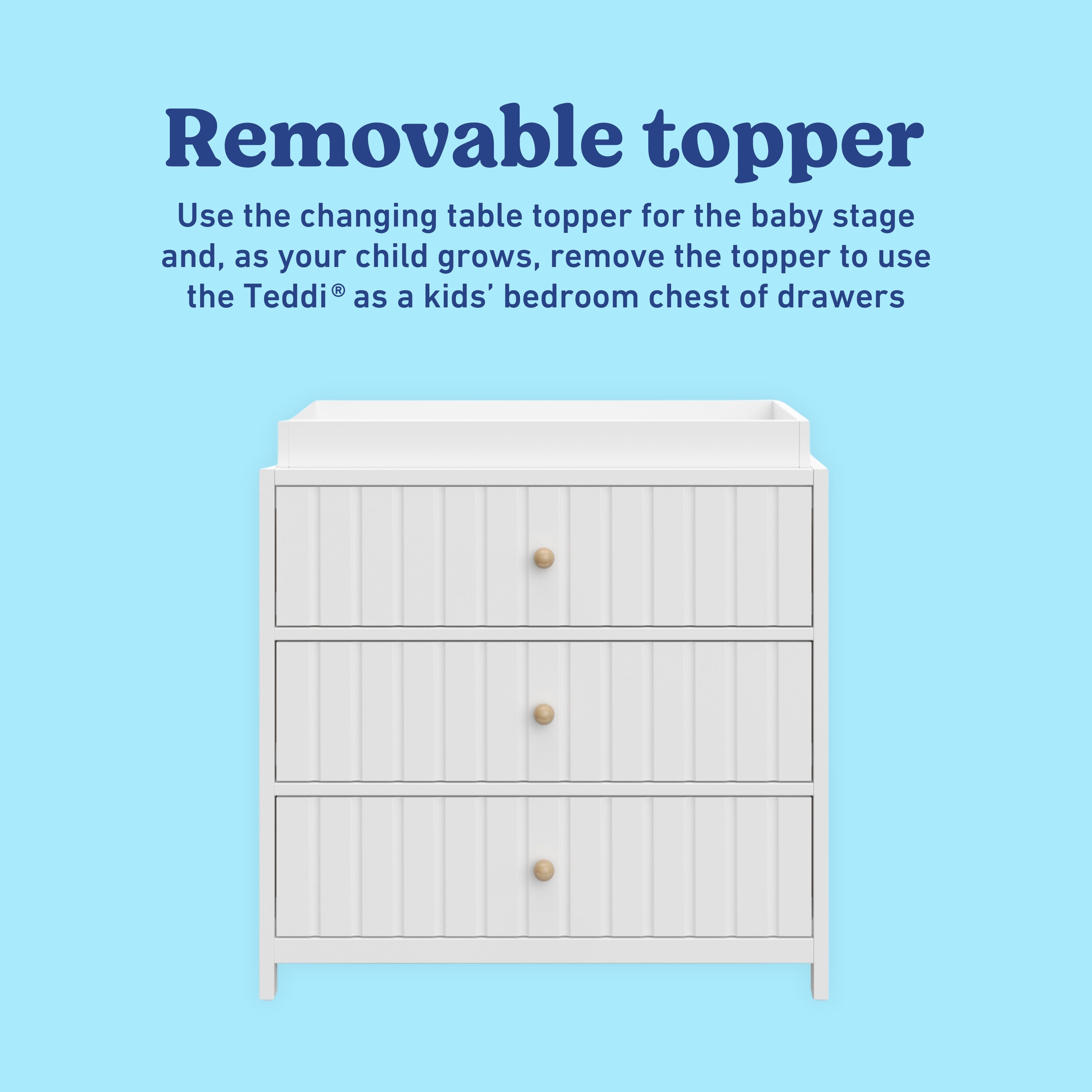Teddi white 3 drawer chest with changing topper removable topper callout