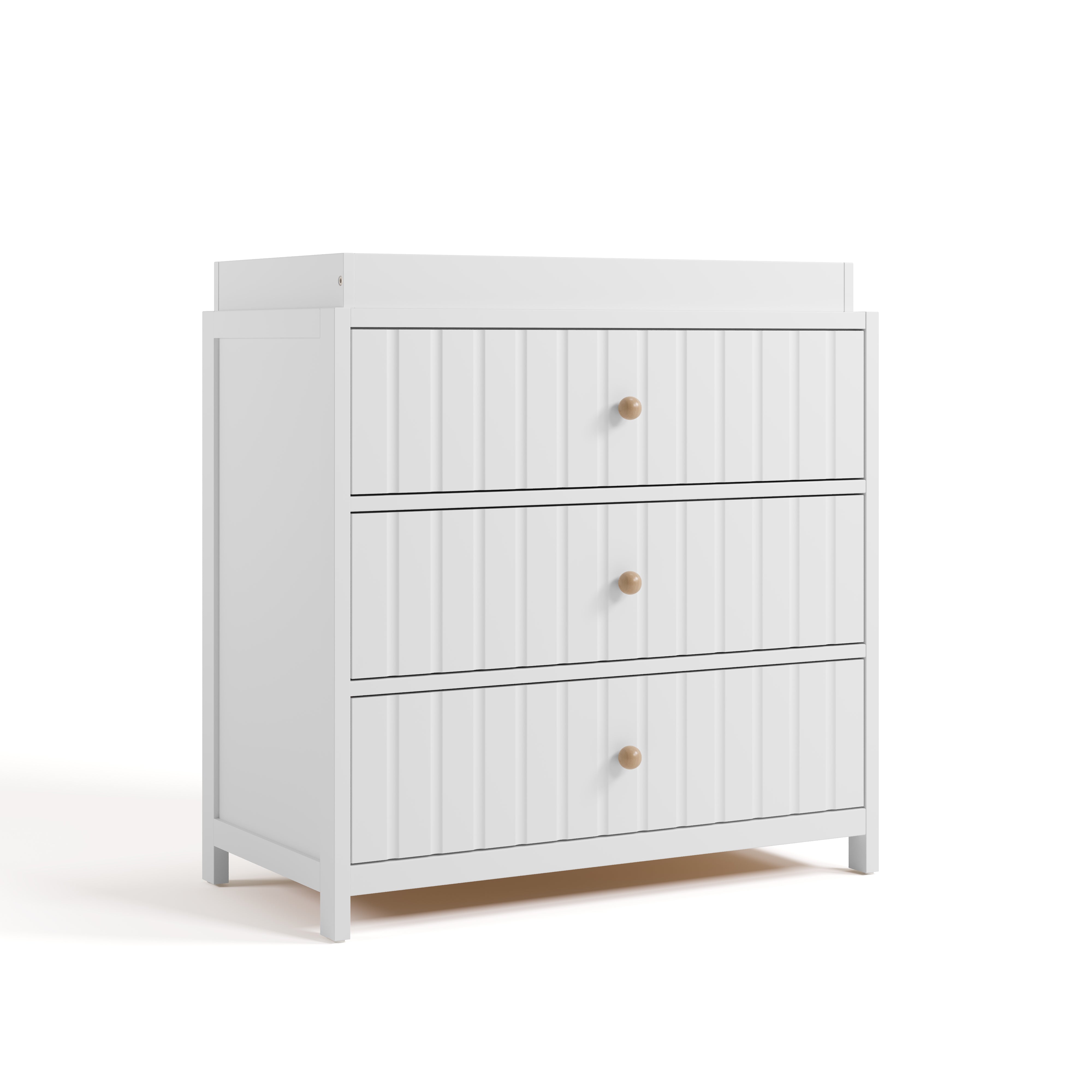 Teddi white with driftwood knobs 3 drawer chest with changing topper angle view