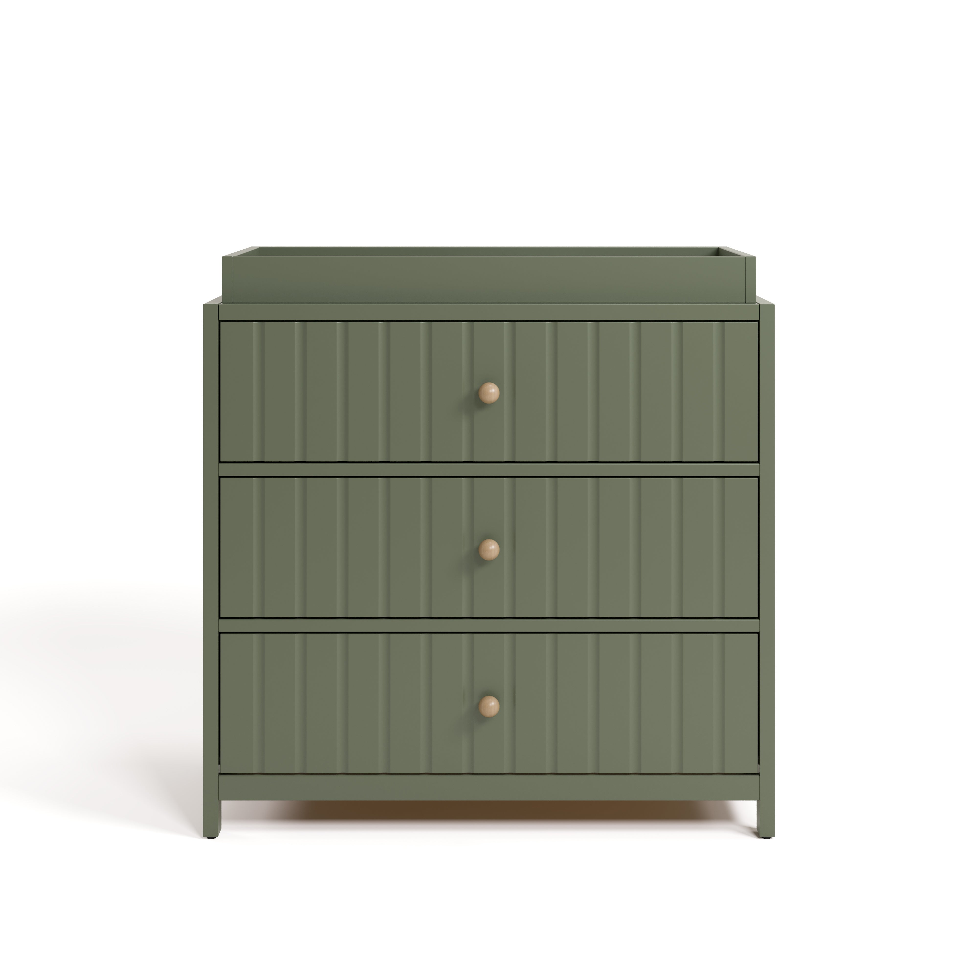 Teddi olive with driftwood knobs 3 drawer chest with changing topper front view