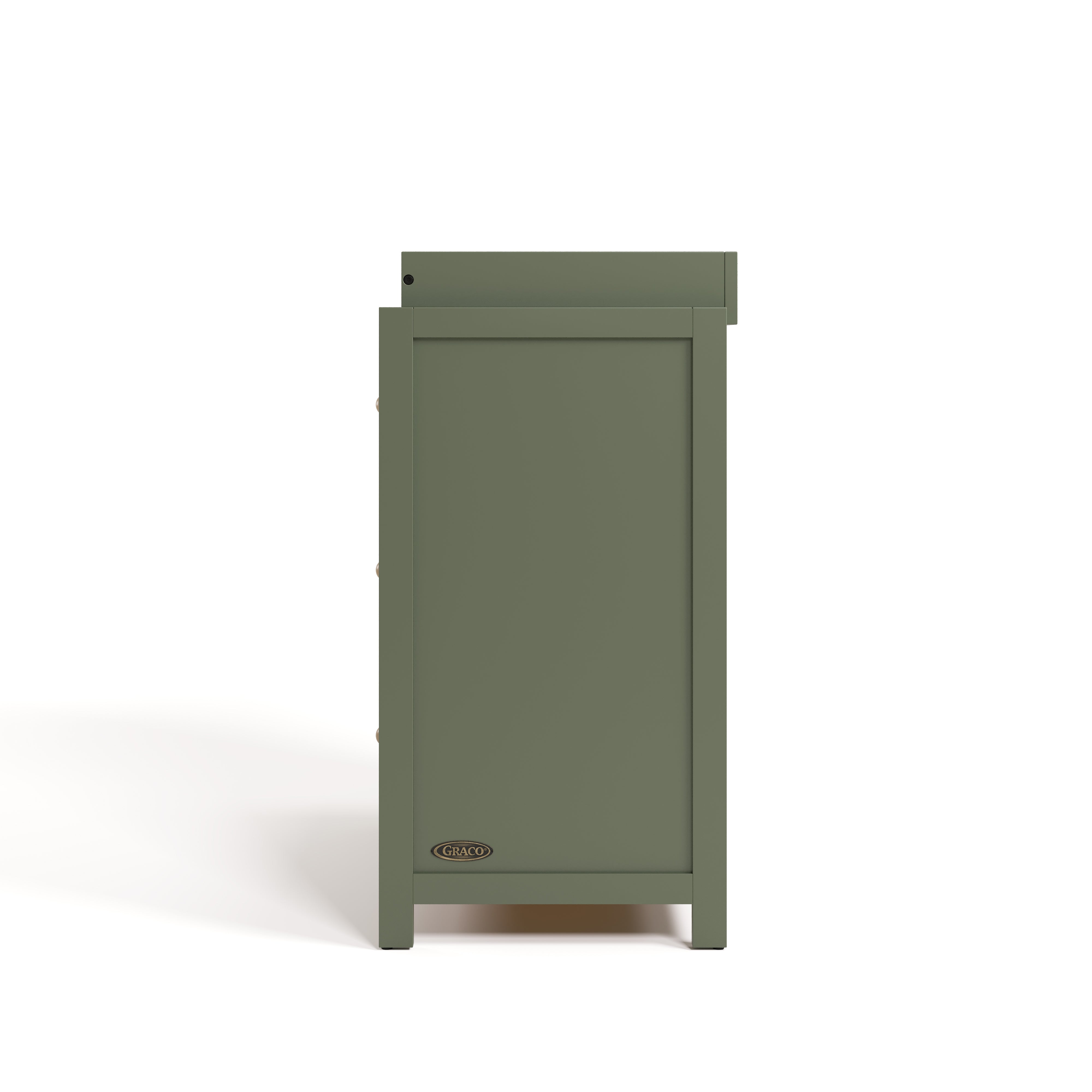 Teddi olive with driftwood knobs 3 drawer chest with changing topper side view
