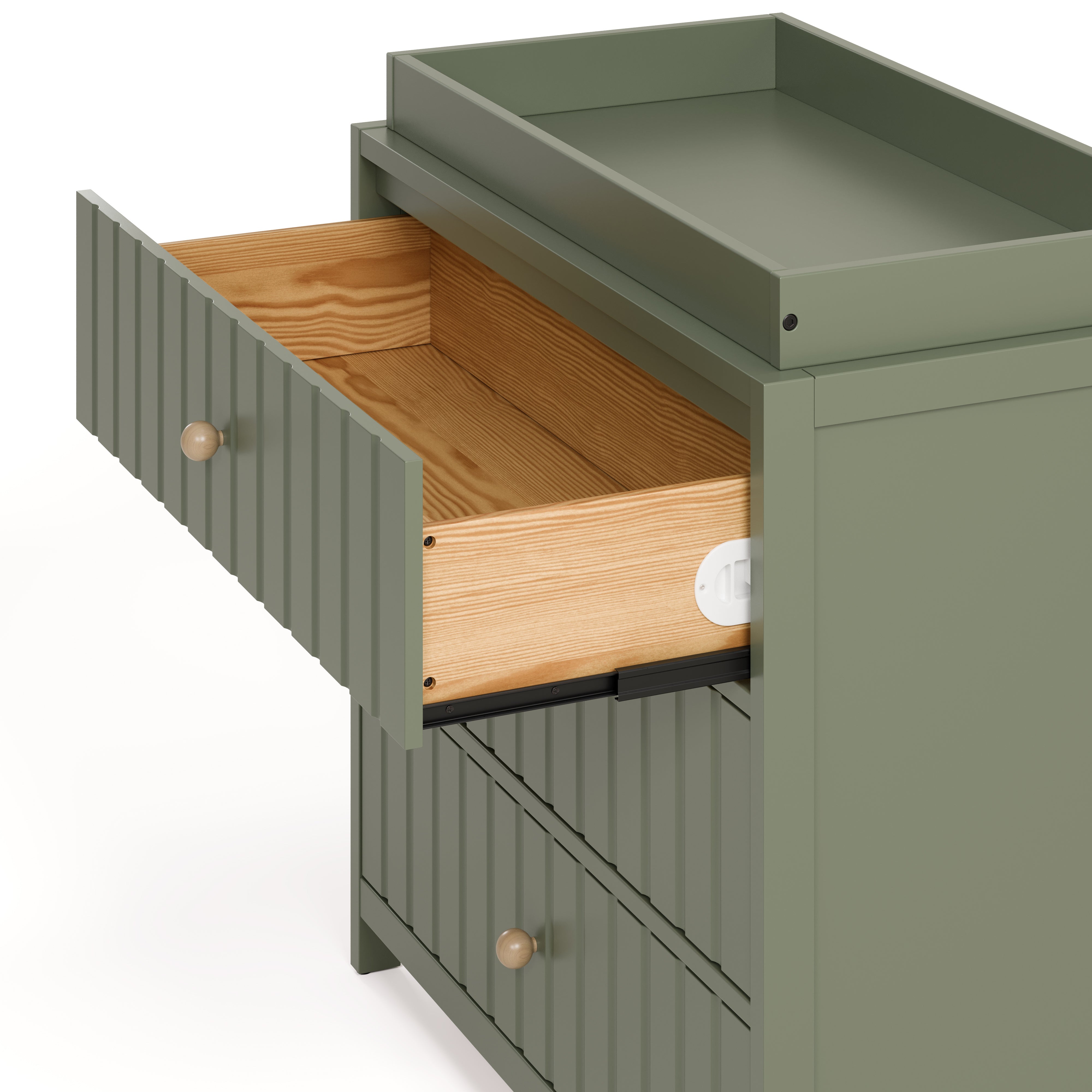 Teddi olive with driftwood knobs 3 drawer chest close up of top drawer open