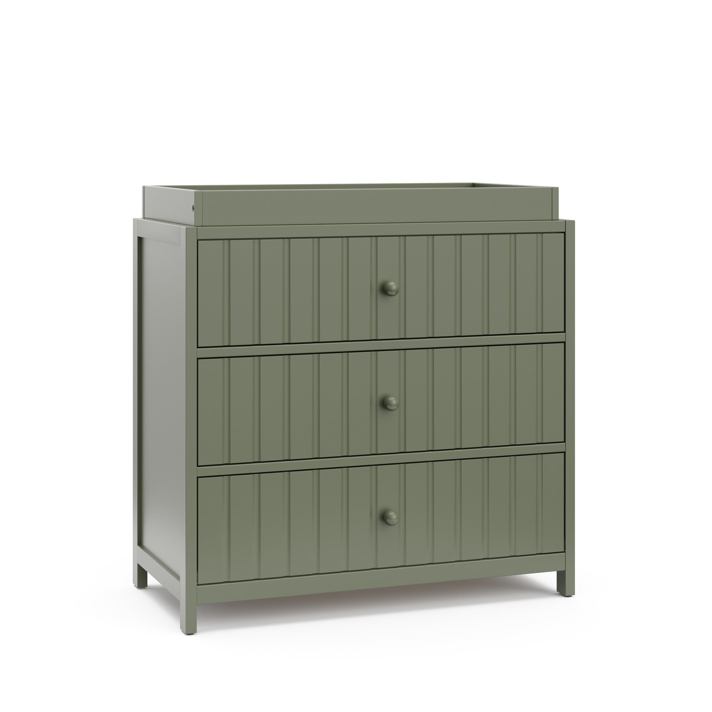 Teddi olive with olive knobs 3 drawer chest with changing topper angle view