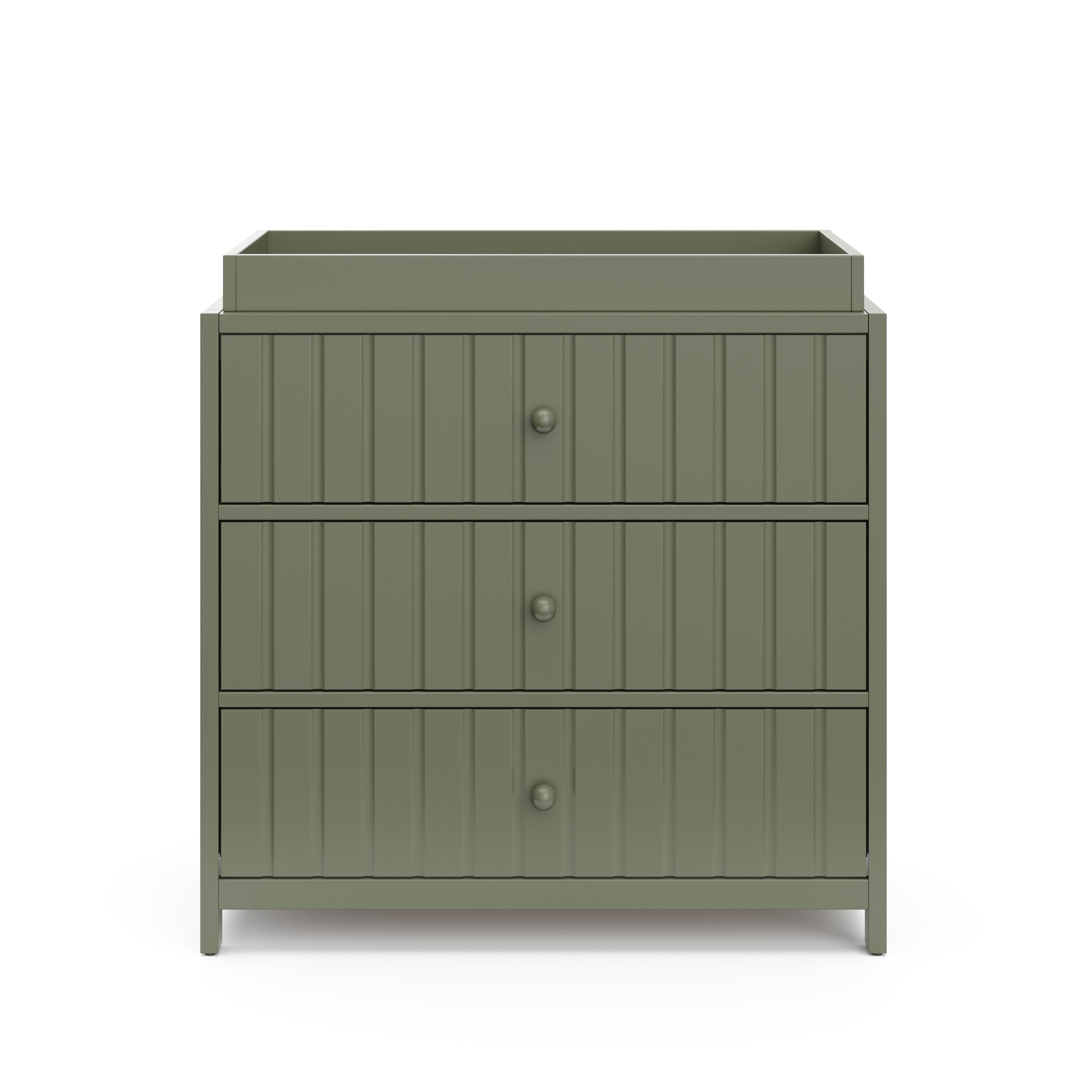 Teddi olive with olive knobs 3 drawer chest with changing topper front view