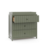 teddi 3 drawer chest with topper in olive finish angle view with top drawer open