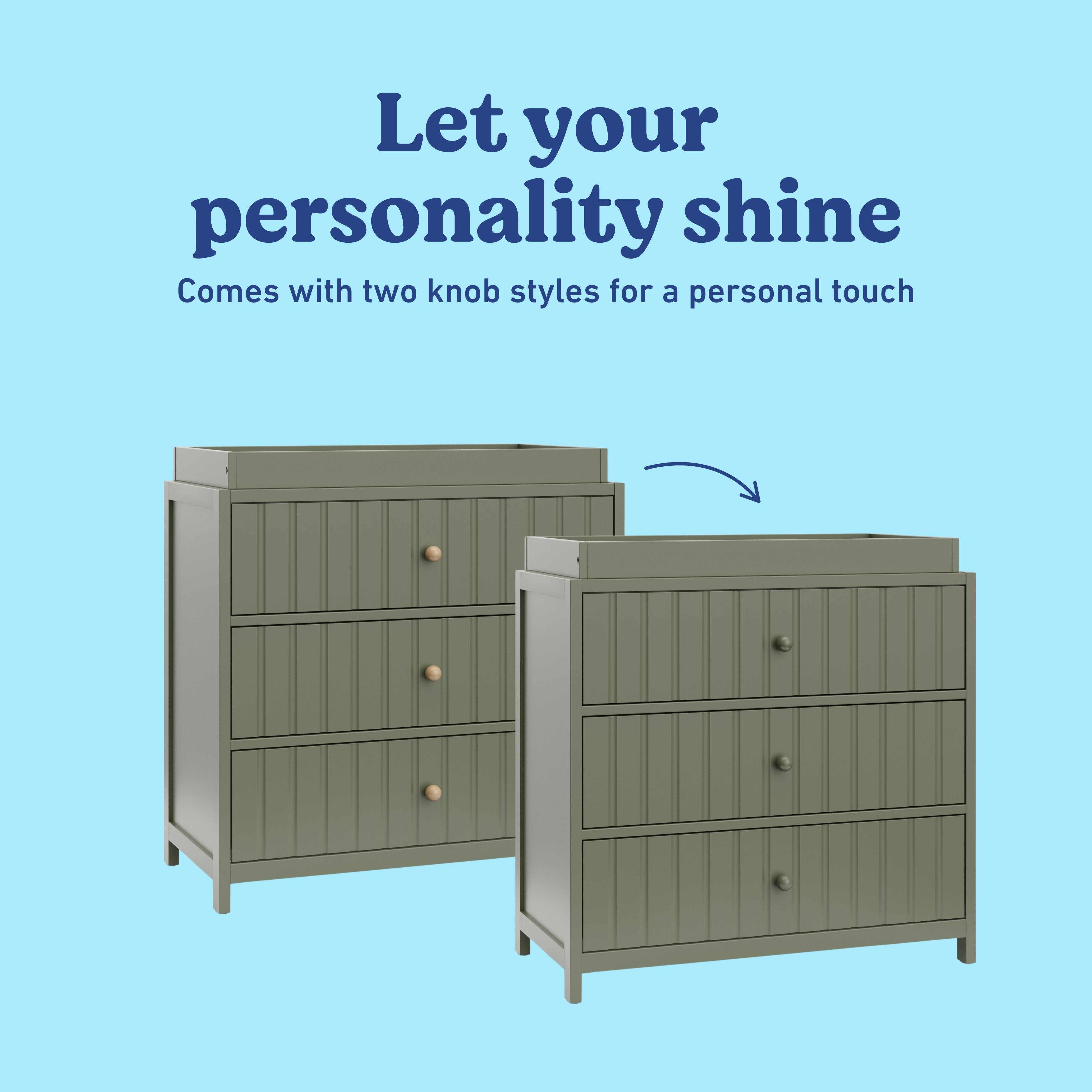 Teddi olive 3 drawer chest with changing topper two knob styles callout