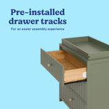 Teddi olive 3 drawer chest with changing topper pre-installed drawer tracks callout