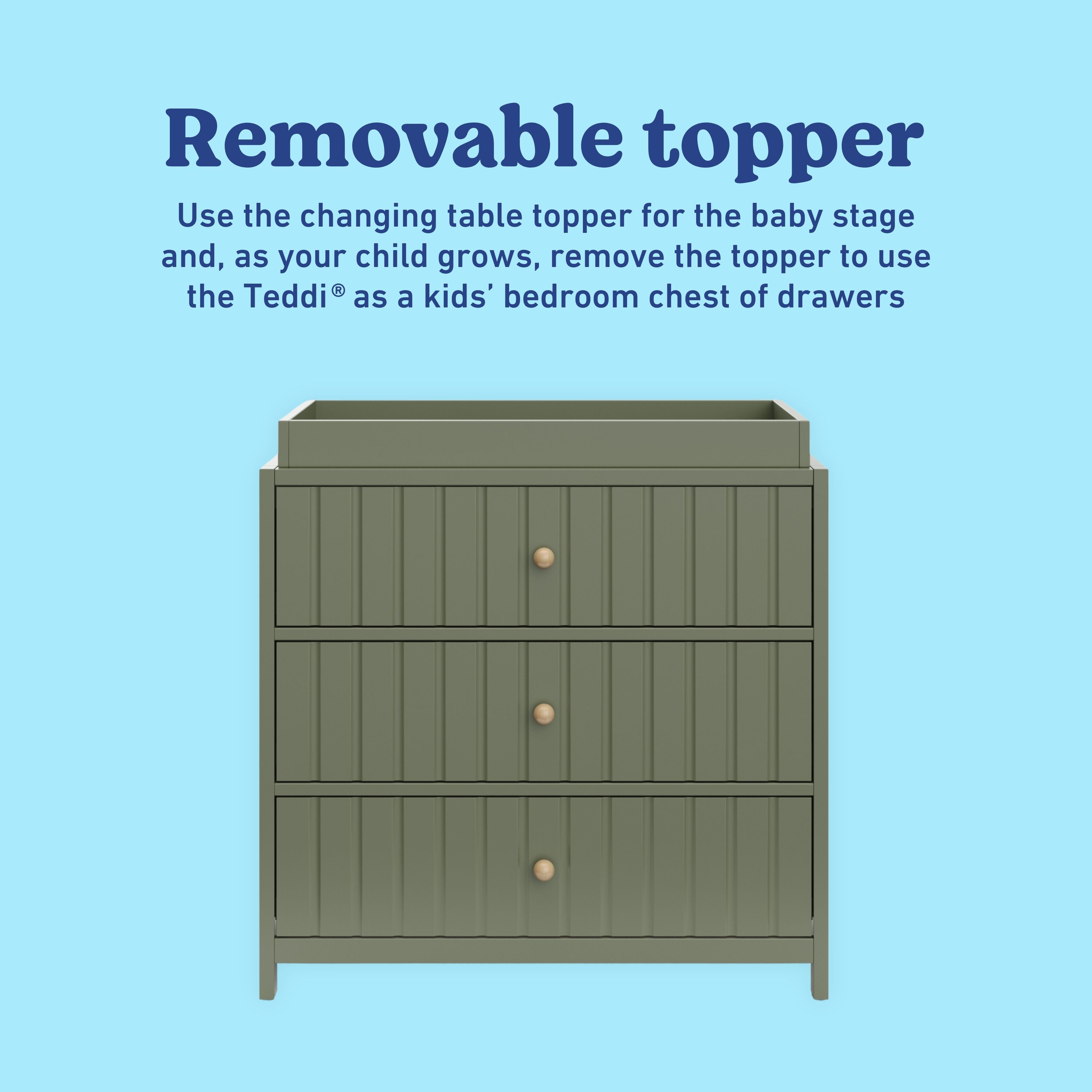 Teddi olive 3 drawer chest with changing topper removable topper callout