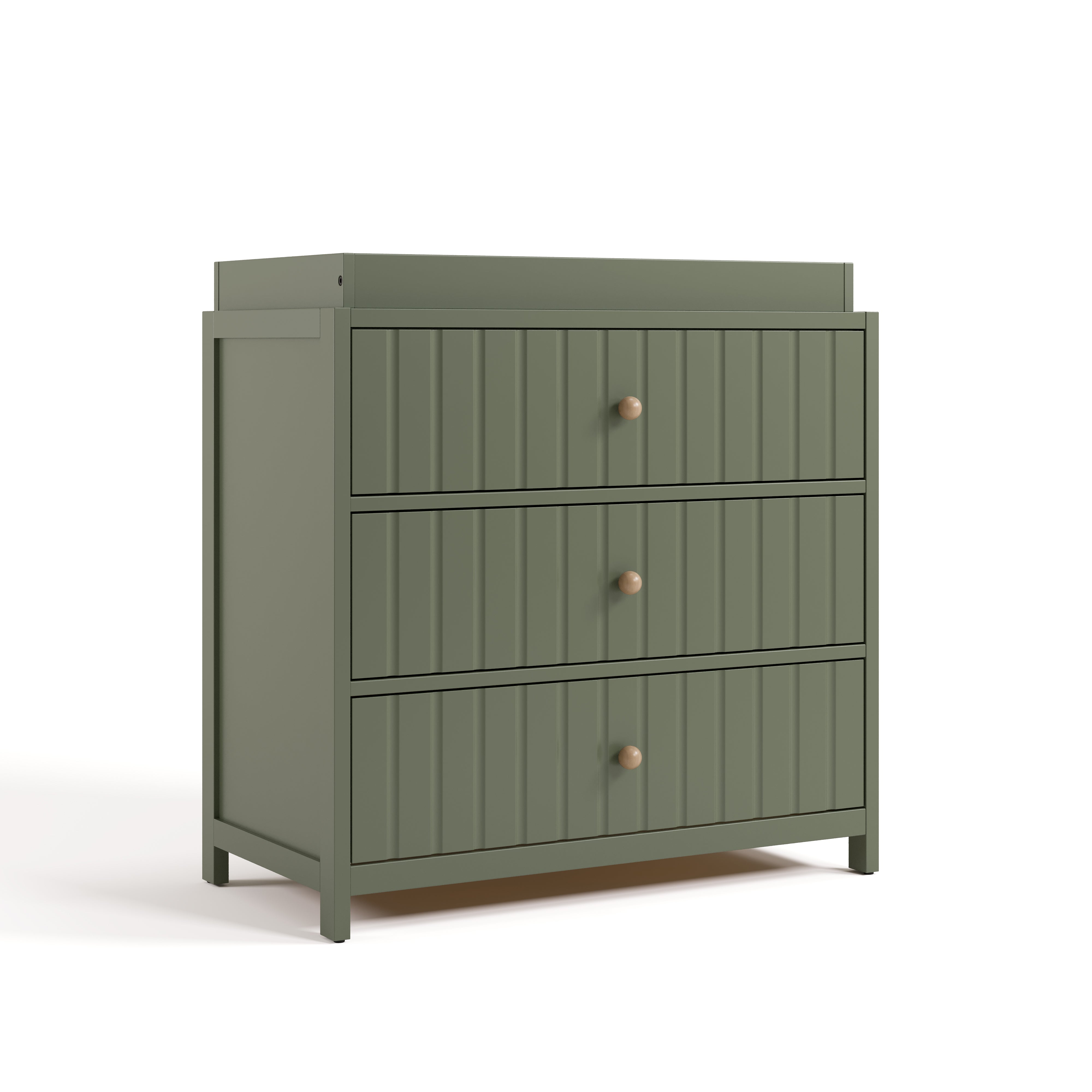 Teddi olive with driftwood knobs 3 drawer chest with changing topper angle view
