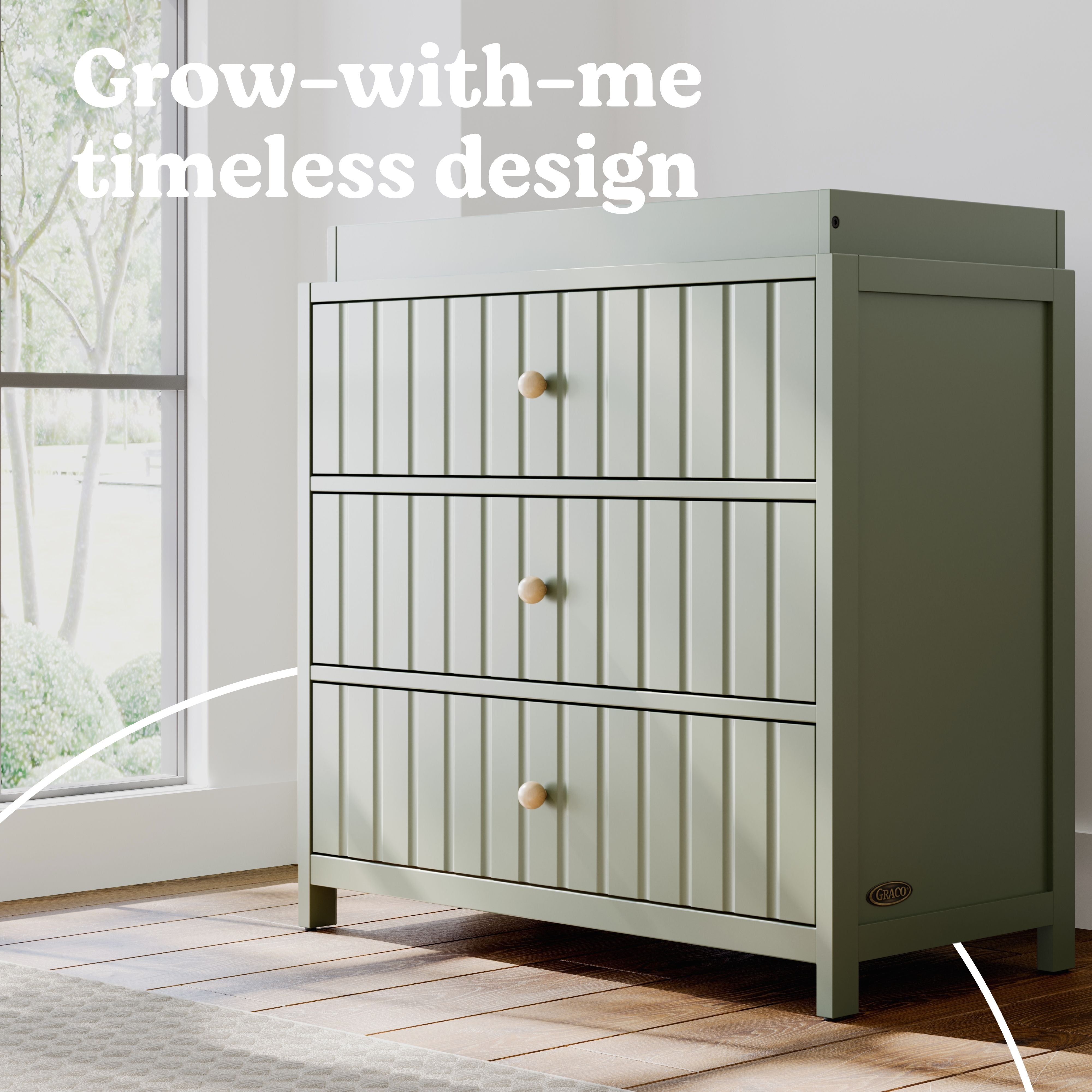 Teddi olive 3 drawer chest with changing topper style callout