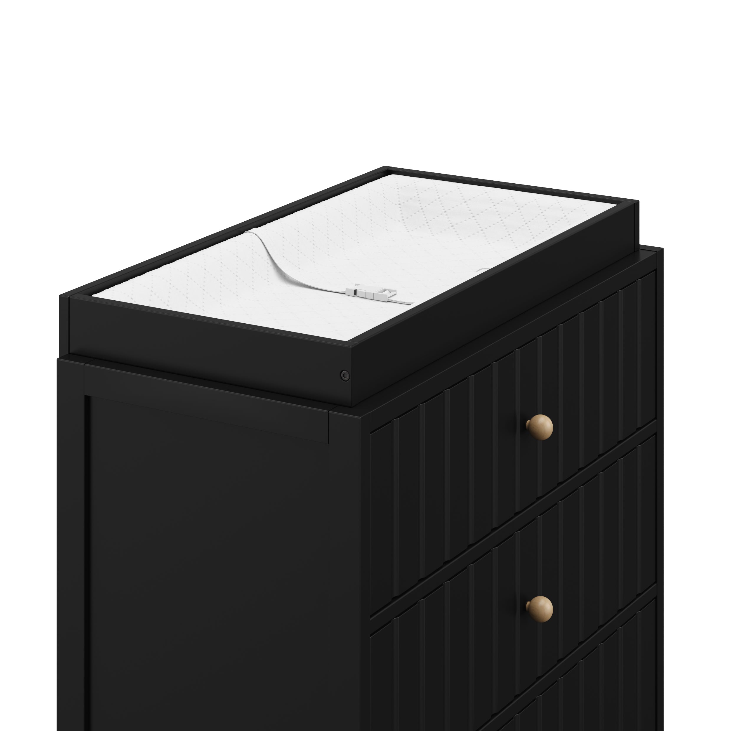 Teddi black with driftwood knobs 3 drawer chest close up of changing topper