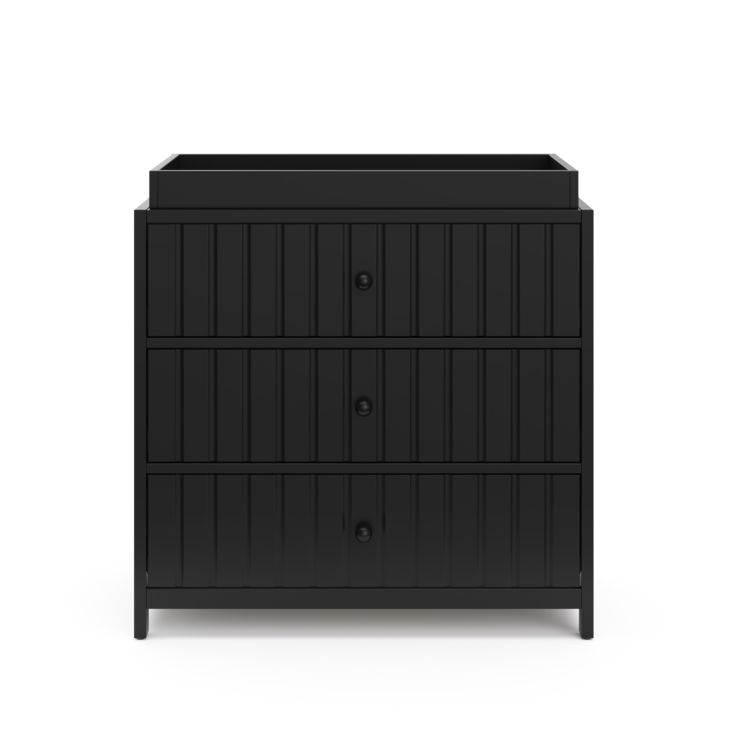 Teddi black with black knobs 3 drawer chest with changing topper front view