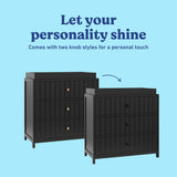 Teddi black 3 drawer chest with changing topper two knob styles callout