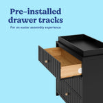 Teddi black 3 drawer chest with changing topper pre-installed drawer tracks callout