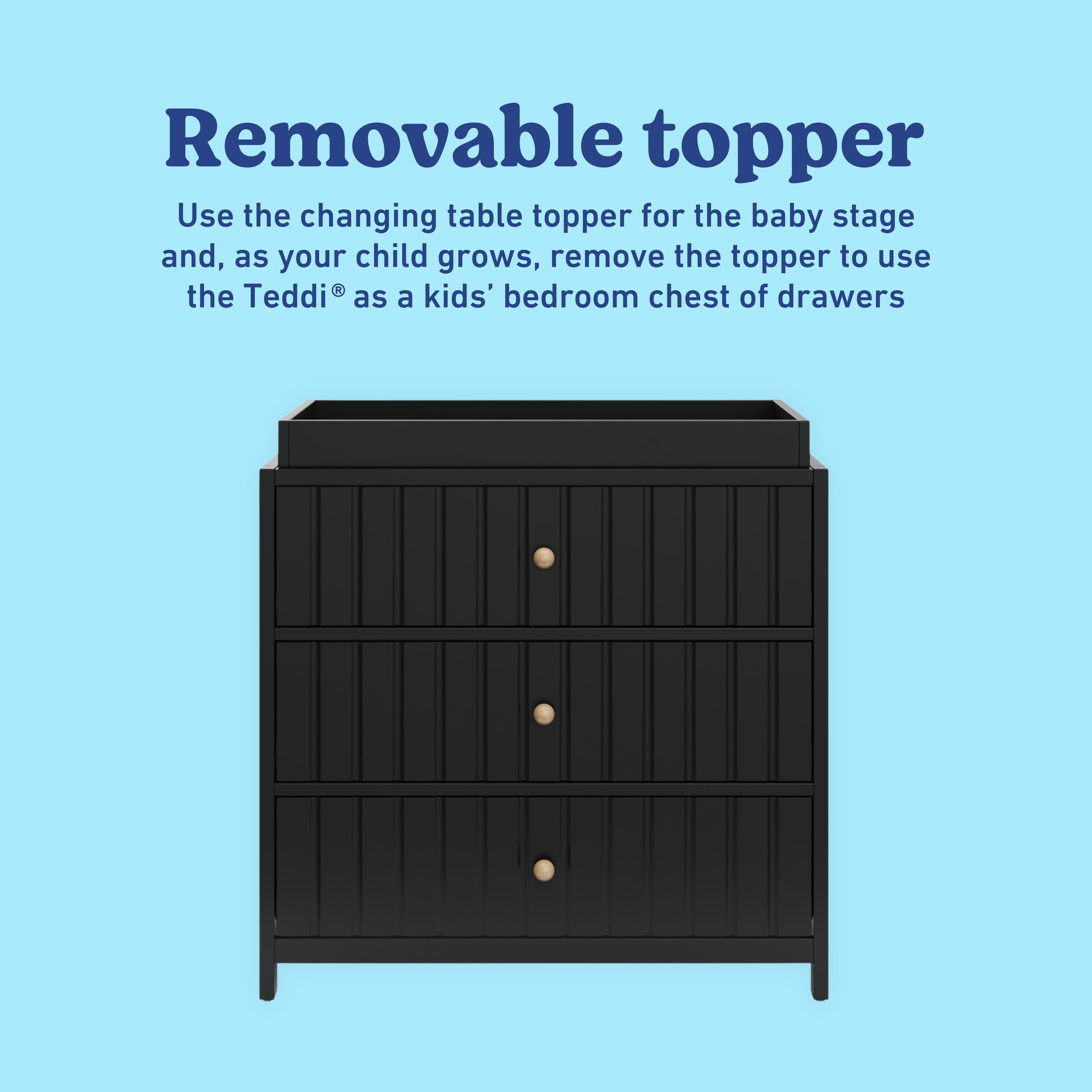 Teddi black 3 drawer chest with changing topper removable topper callout