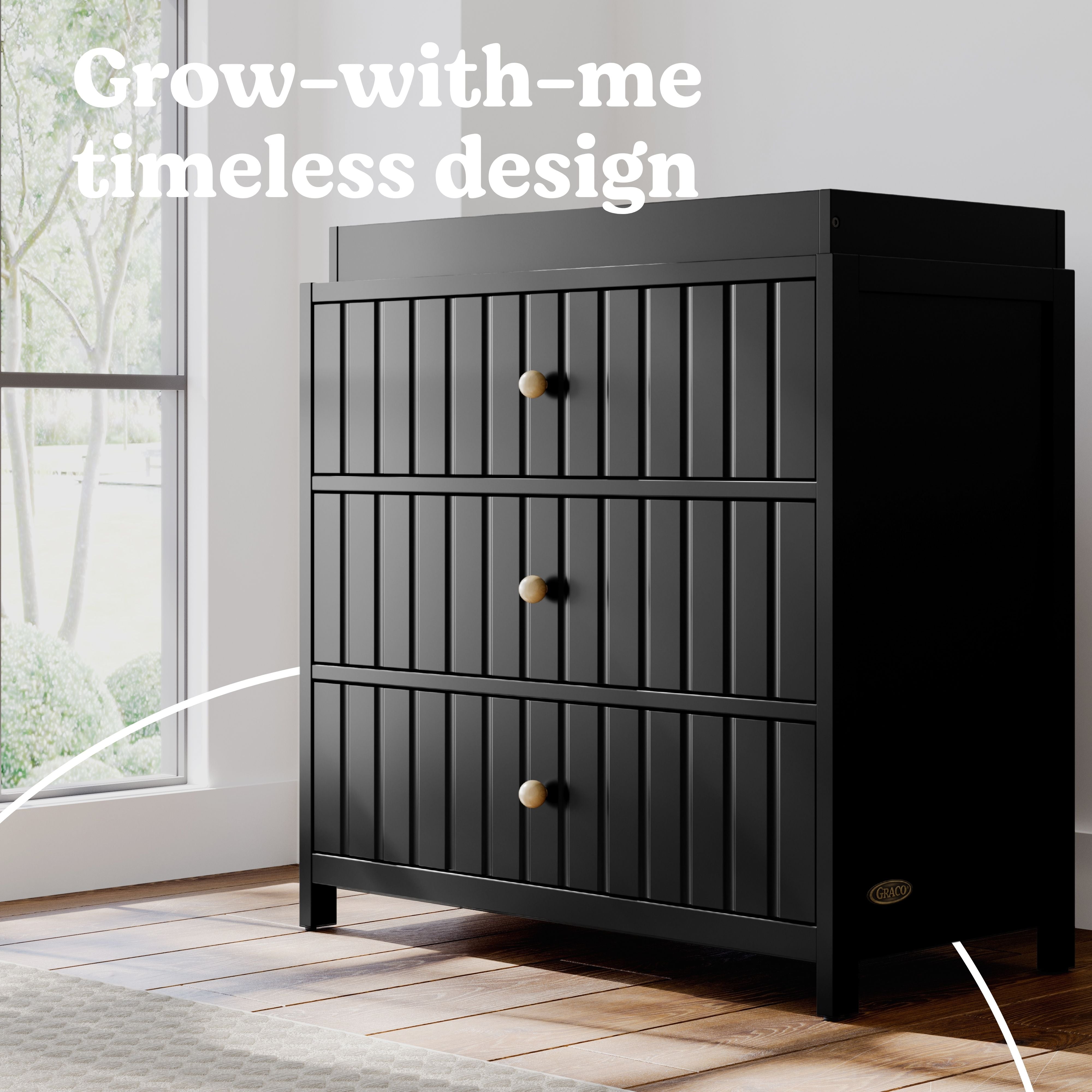 Teddi black 3 drawer chest with changing topper style callout