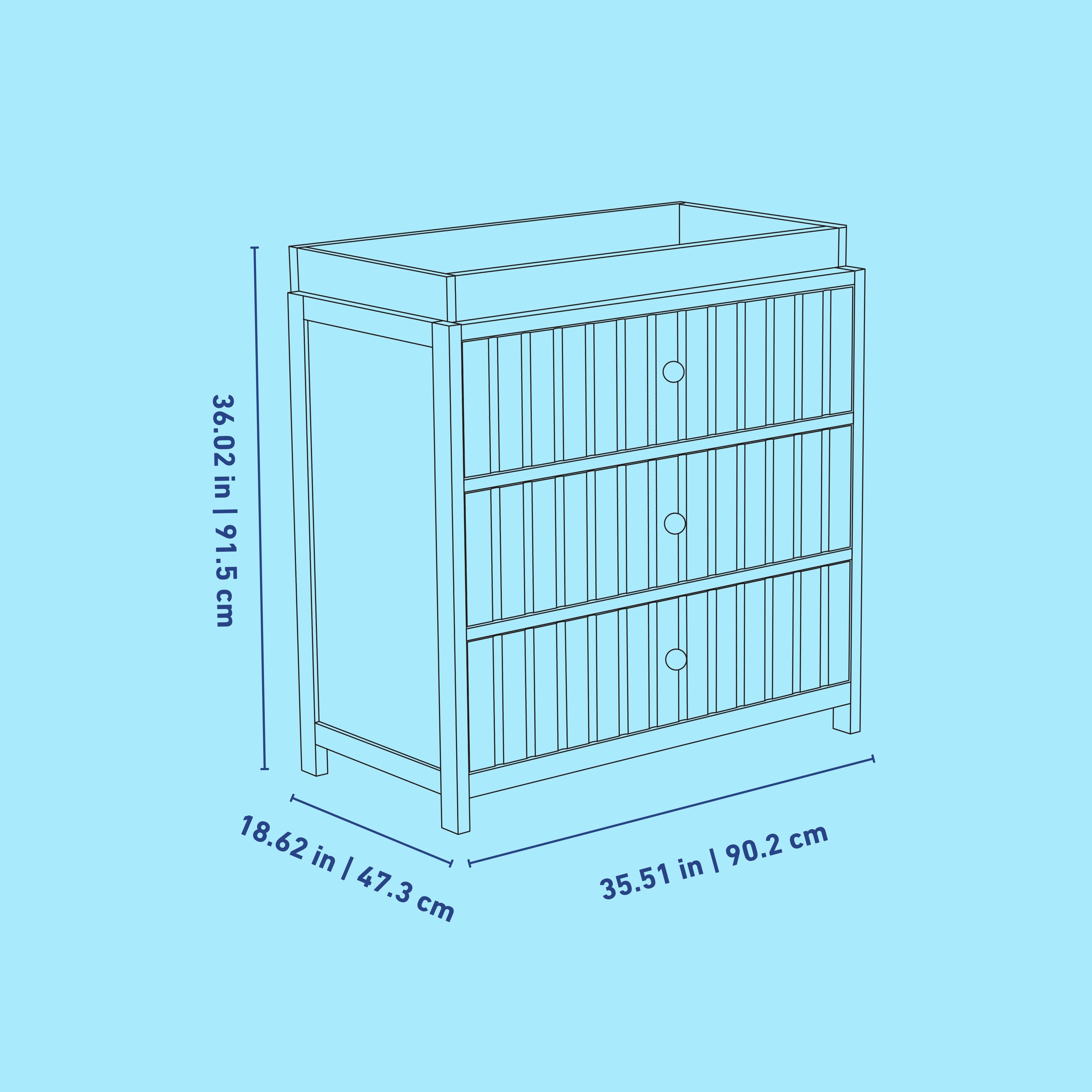 Teddi 3 drawer chest with changing topper line drawing with dimensions