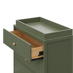 3 Drawer Chest with Changing Topper with open drawer angled view (Olive with Driftwood)