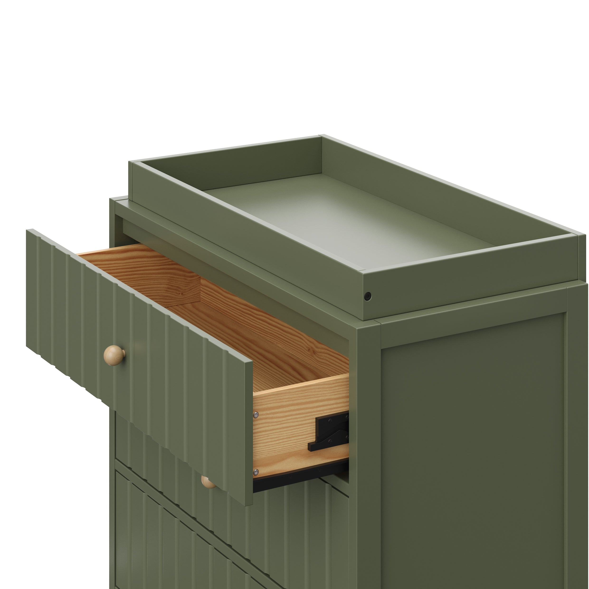 3 Drawer Chest with Changing Topper with open drawer angled view (Olive with Driftwood)