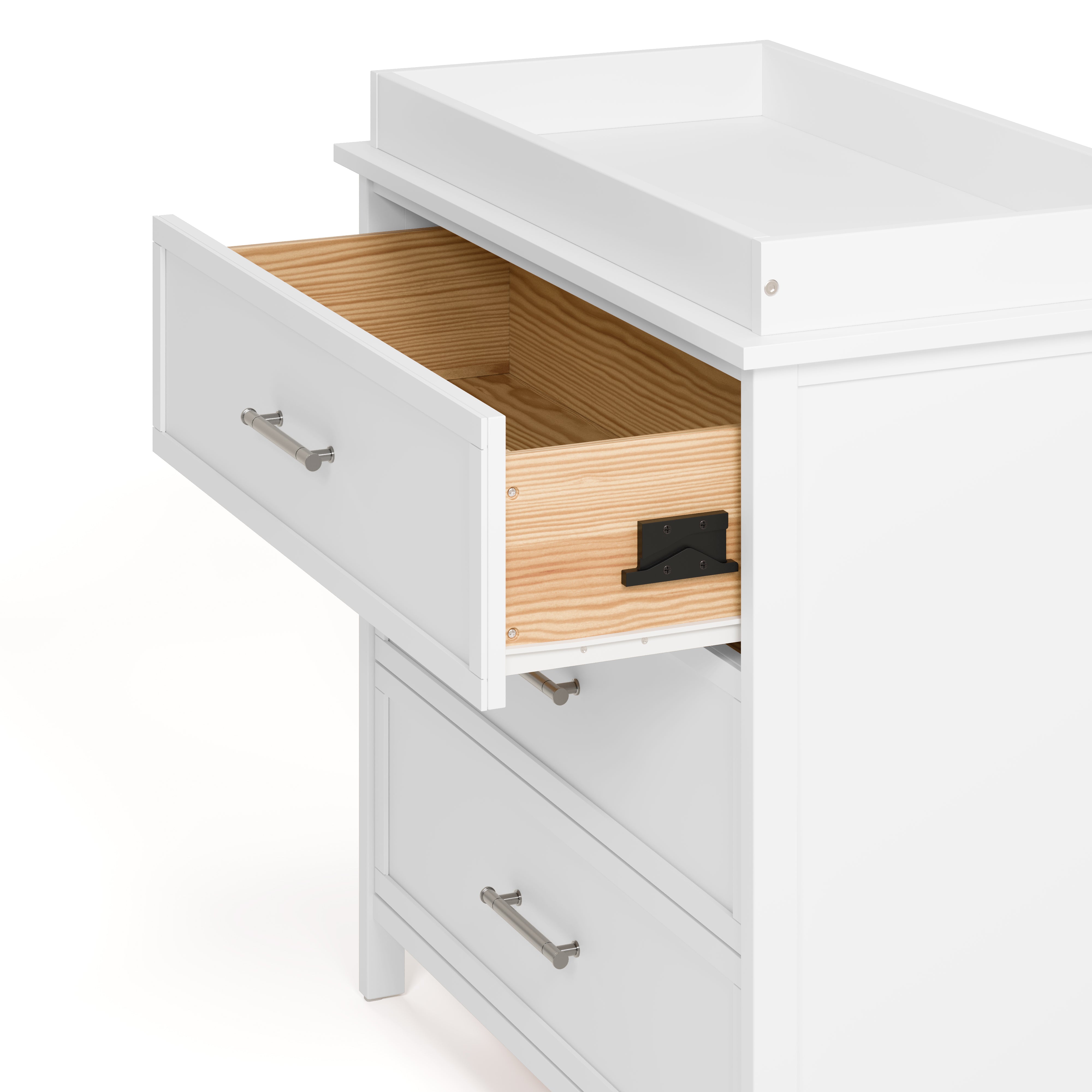 classic white 3 drawer chest with changing topper angle side view with top drawer open showing interlocking drawer mechanism