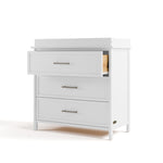 classic white 3 drawer chest with changing topper angle view with top drawer open