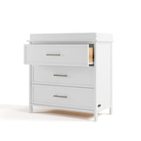 classic white 3 drawer chest with changing topper angle view with top drawer open