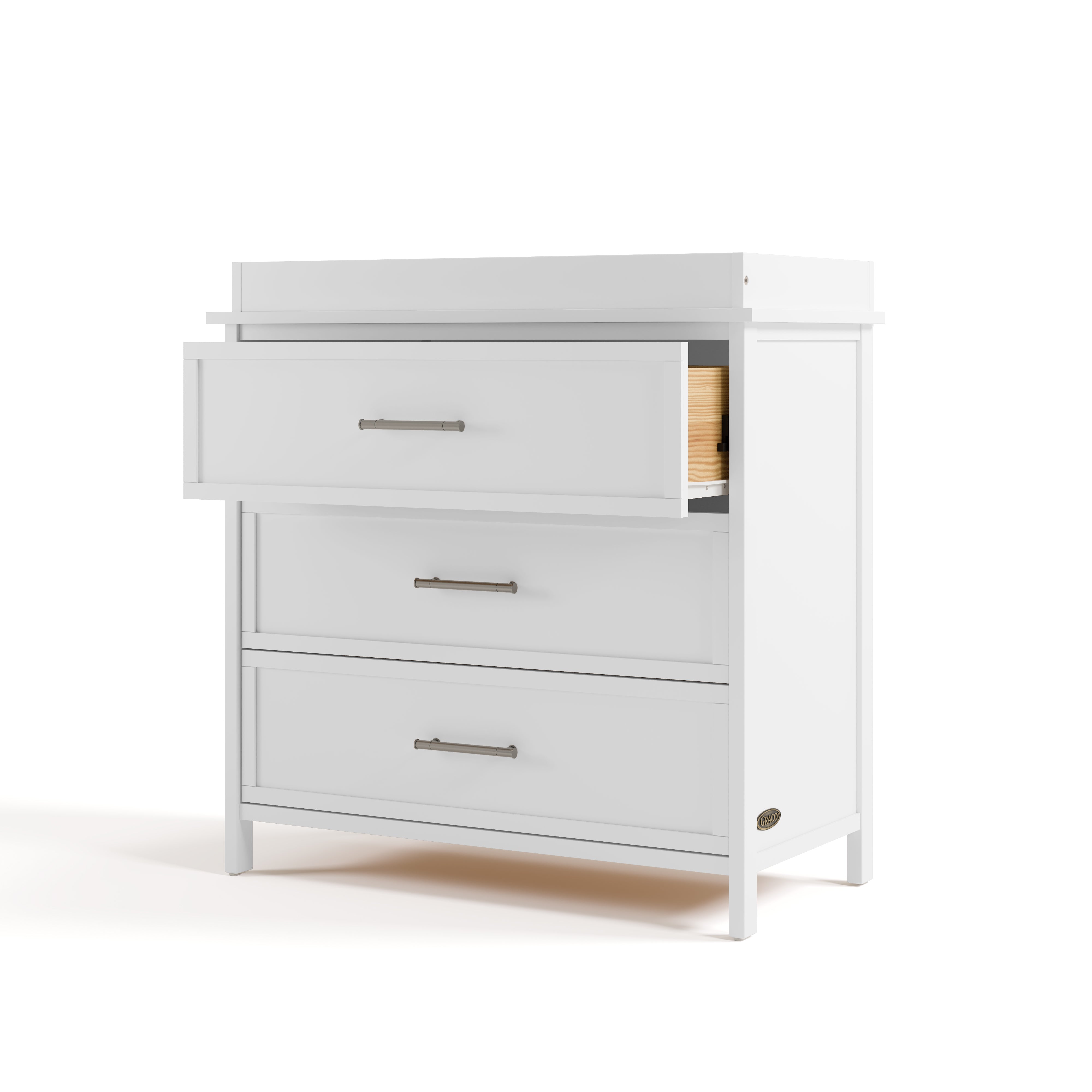 classic white 3 drawer chest with changing topper angle view with top drawer open
