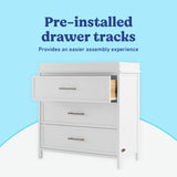 Classic white 3 drawer chest with topper pre-installed drawer tracks callout