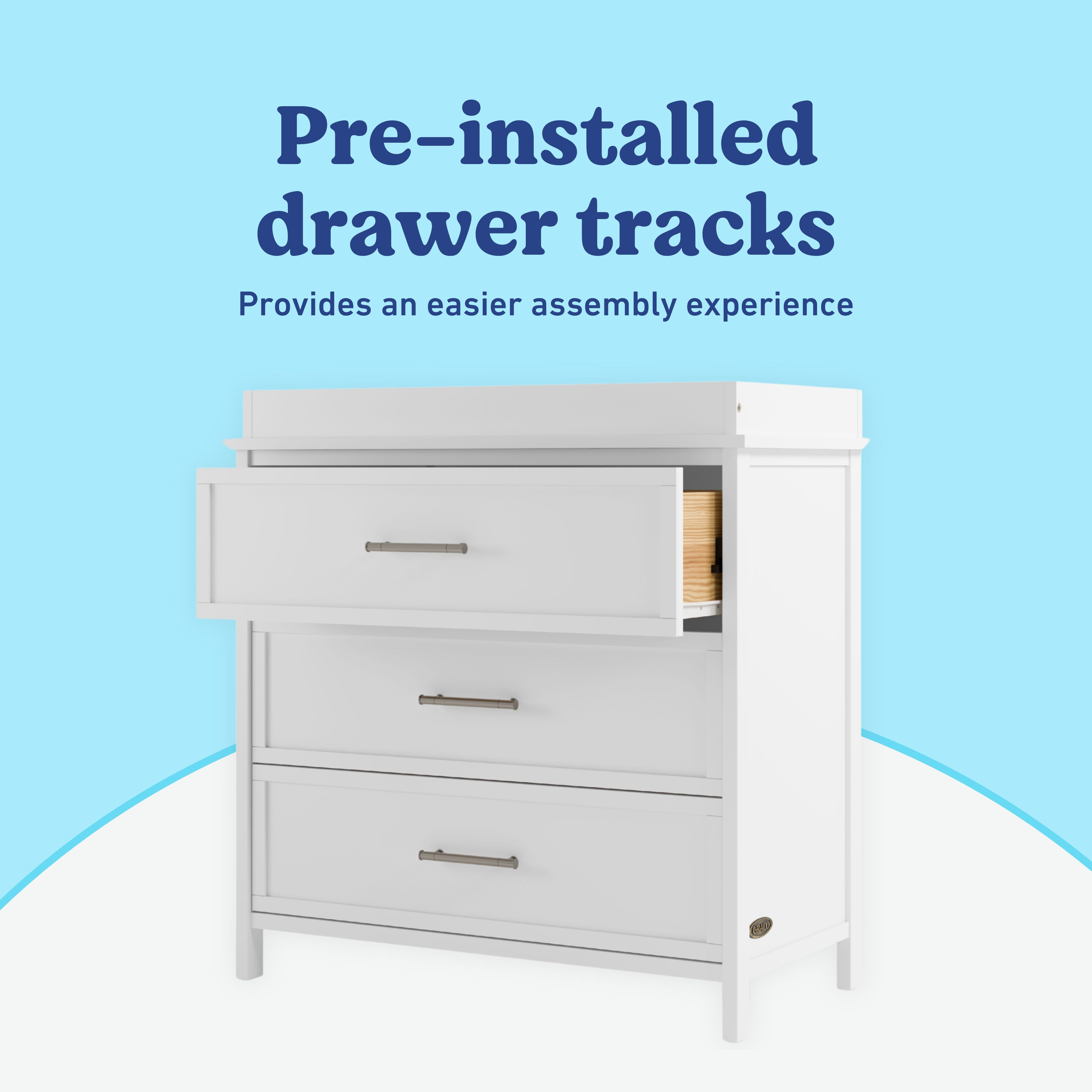 Classic white 3 drawer chest with topper pre-installed drawer tracks callout