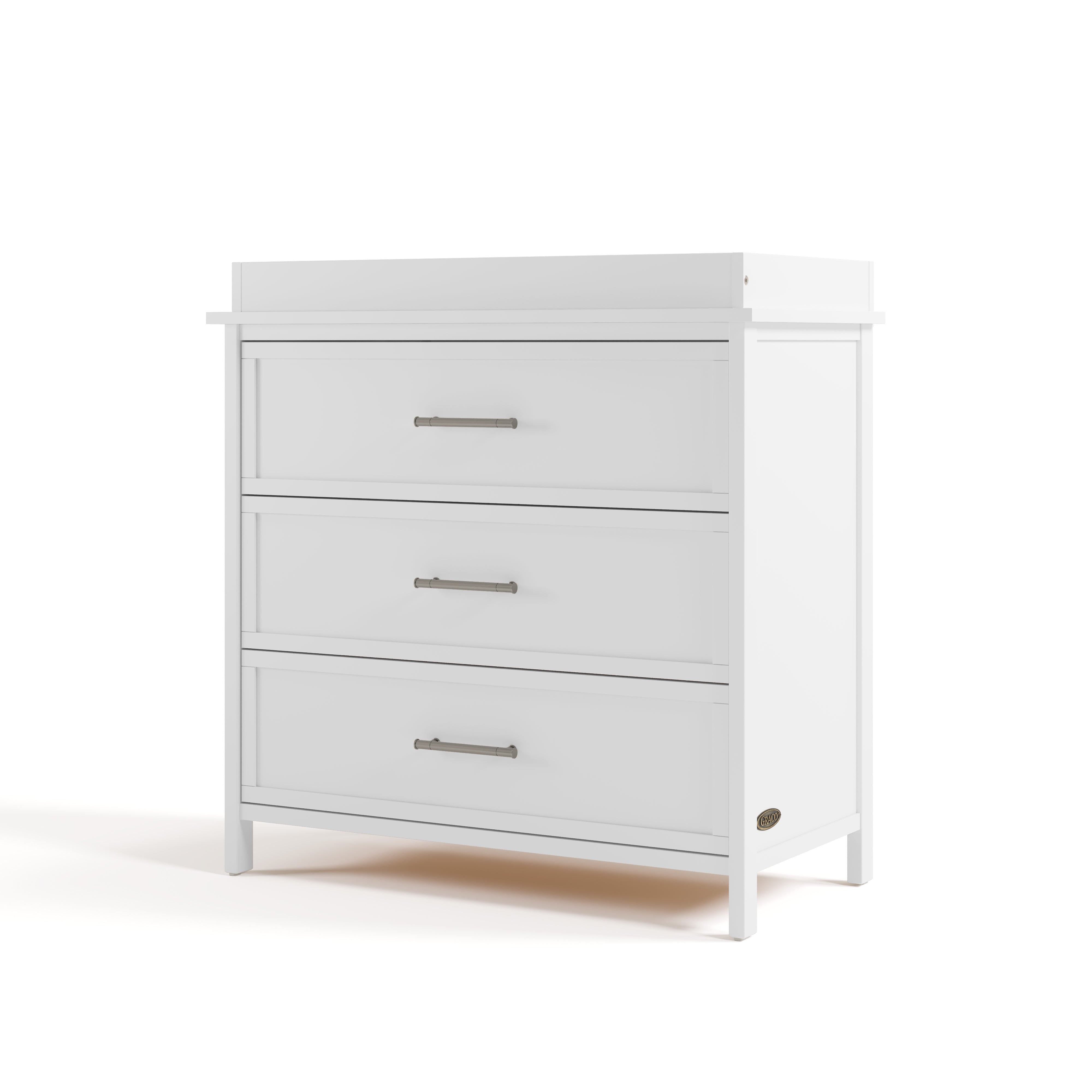 classic white 3 drawer chest with changing topper angle view