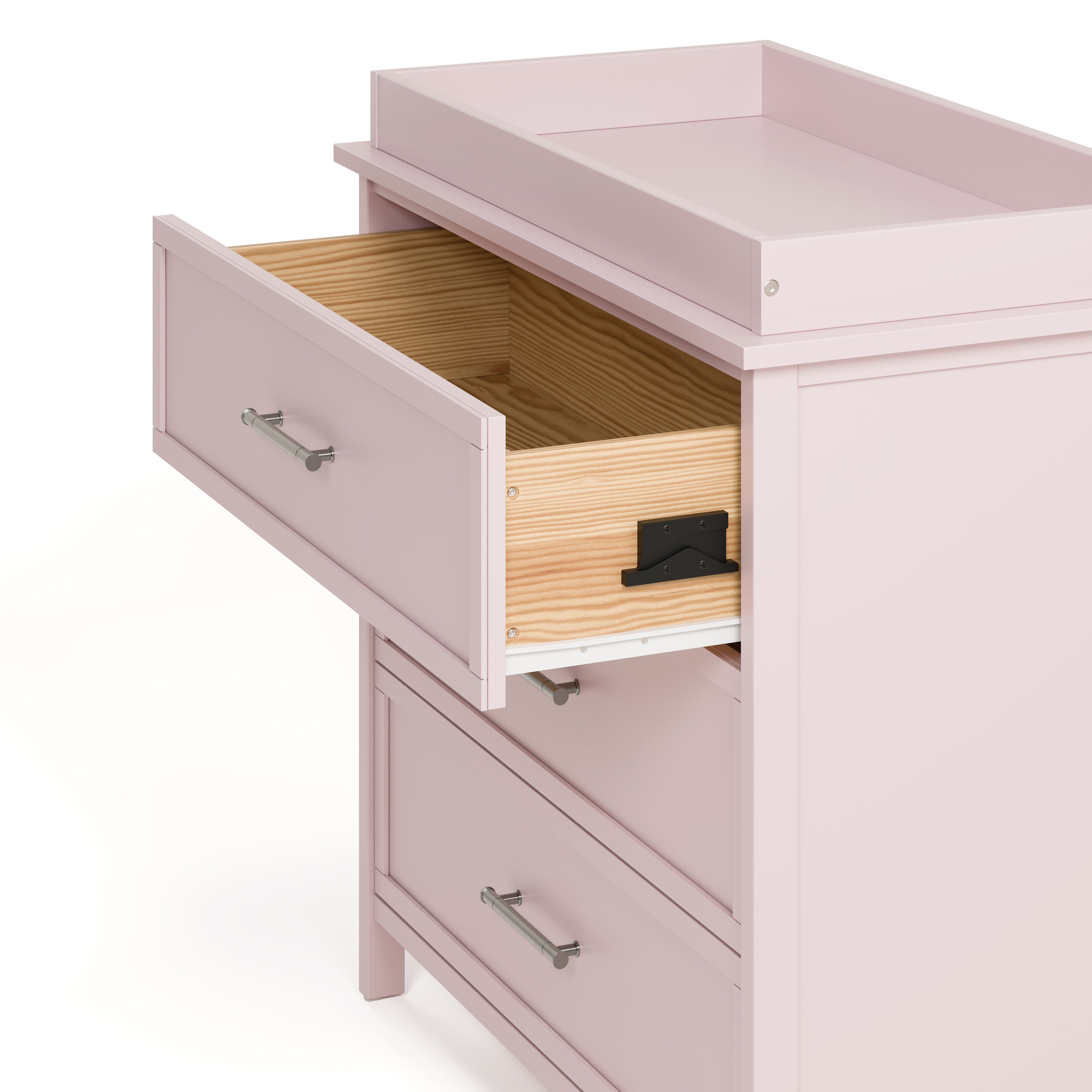 classic blush 3 drawer chest with changing topper angle side view with top drawer open showing interlocking drawer mechanism