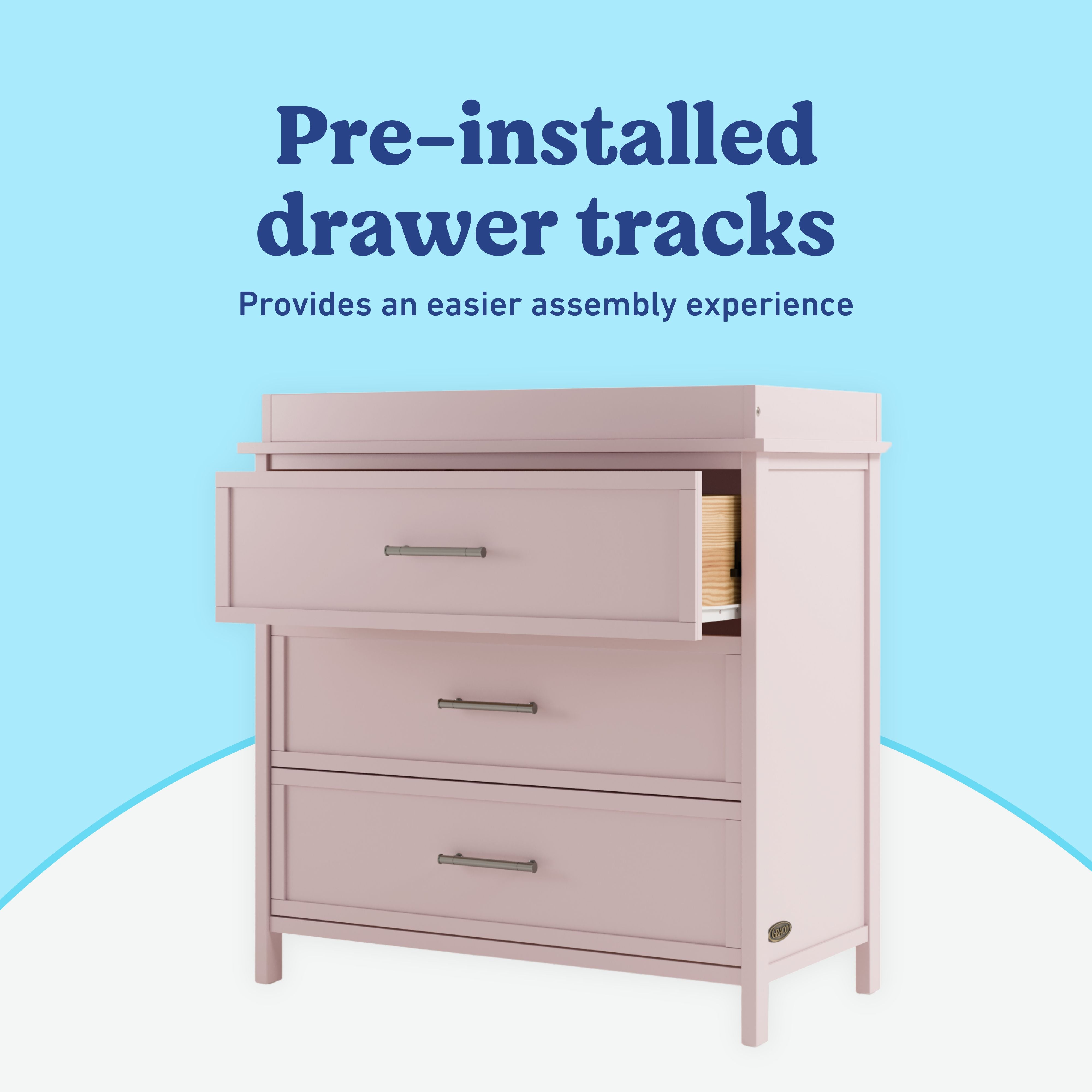 Classic blush 3 drawer chest with topper pre-installed drawer tracks callout
