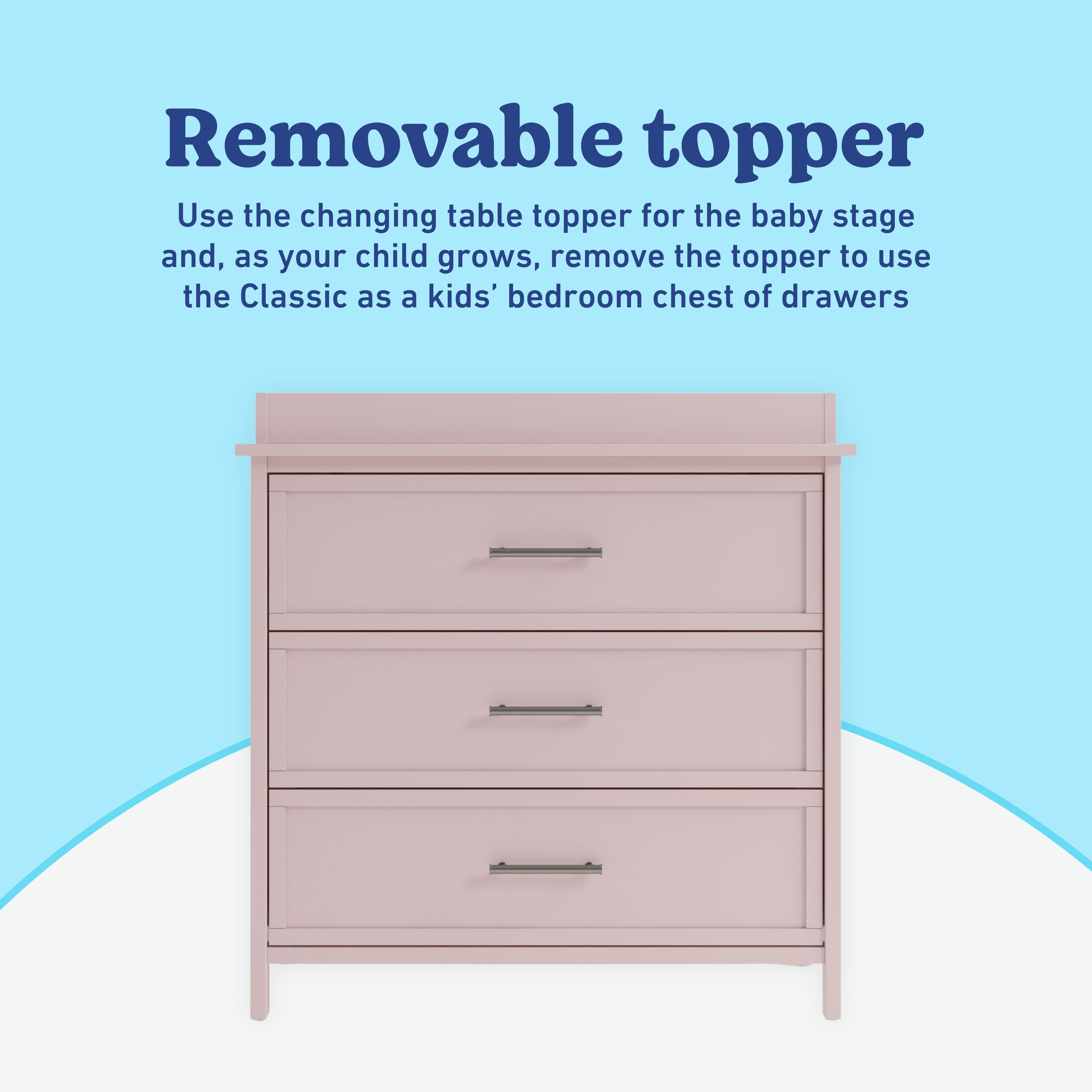 Classic blush 3 drawer chest with topper removable topper callout
