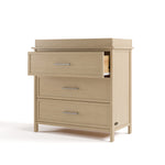 Classic driftwood 3 drawer chest with topper with top drawer open angle view