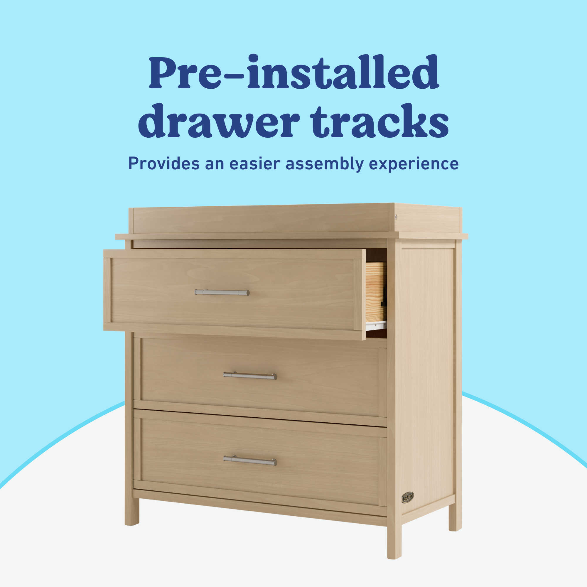 Classic driftwood 3 drawer chest with topper pre-installed drawer tracks callout