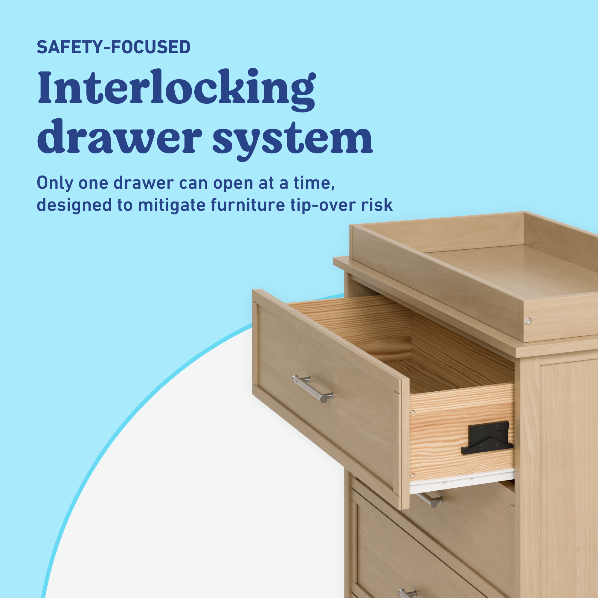 Classic driftwood 3 drawer chest with topper interlocking drawers callout