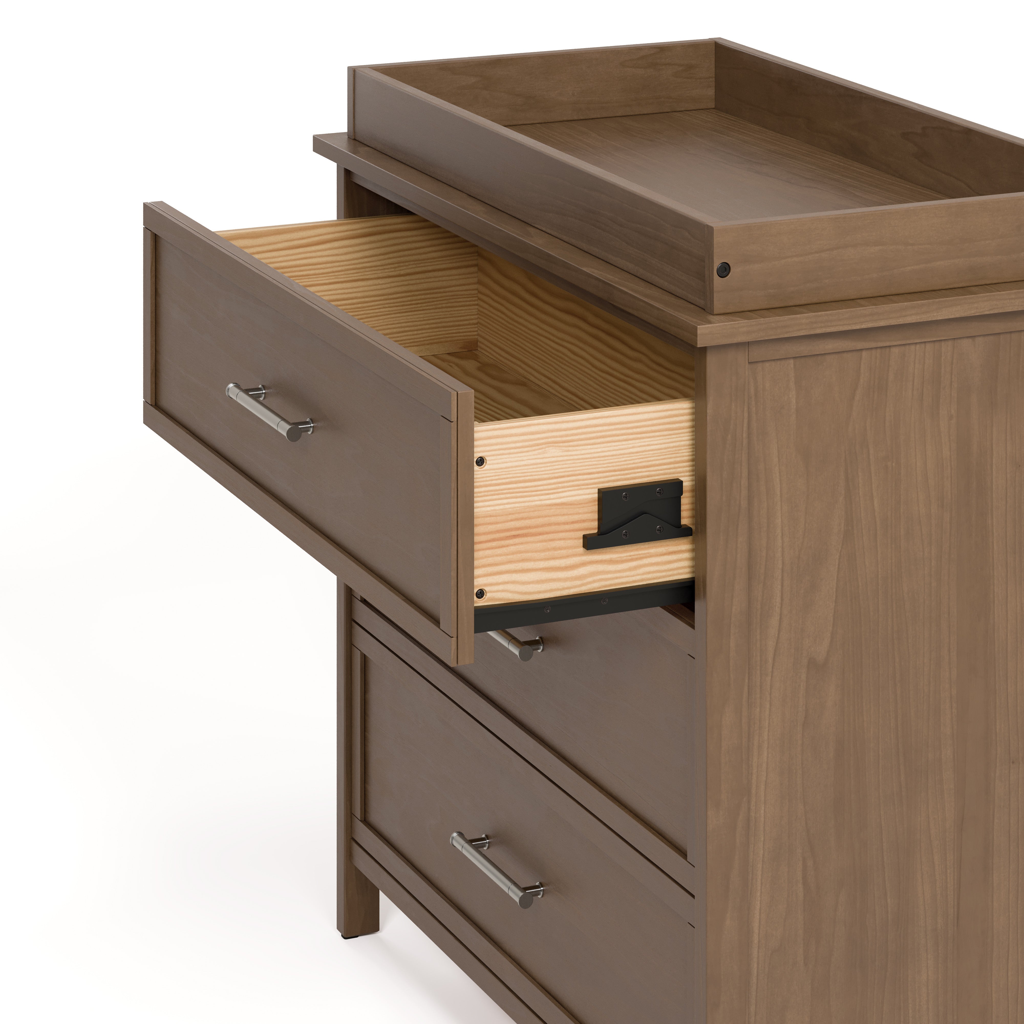 classic hazelnut 3 drawer chest with changing topper angle side view with top drawer open showing interlocking drawer mechanism
