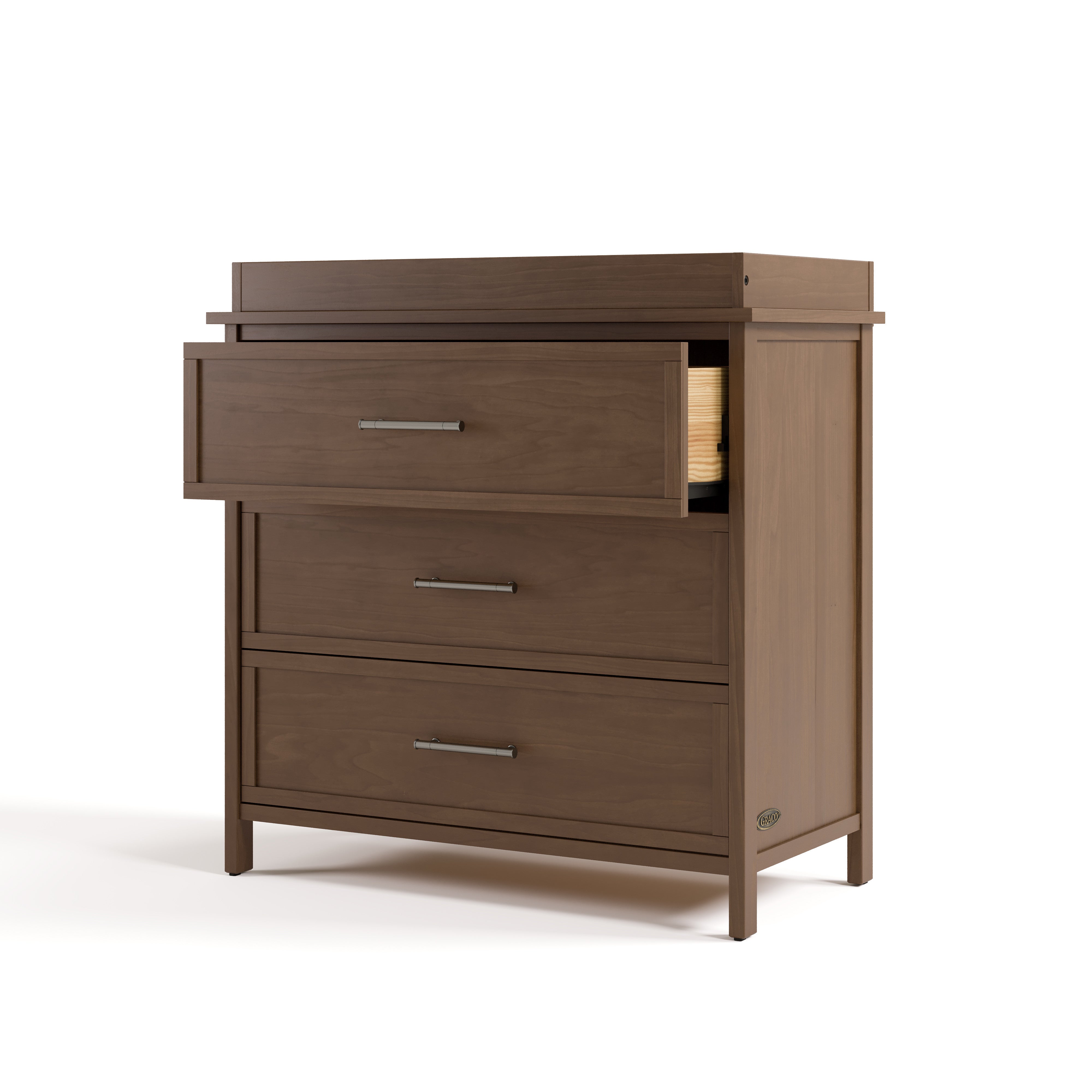 classic hazelnut 3 drawer chest with changing topper angle view with top drawer open
