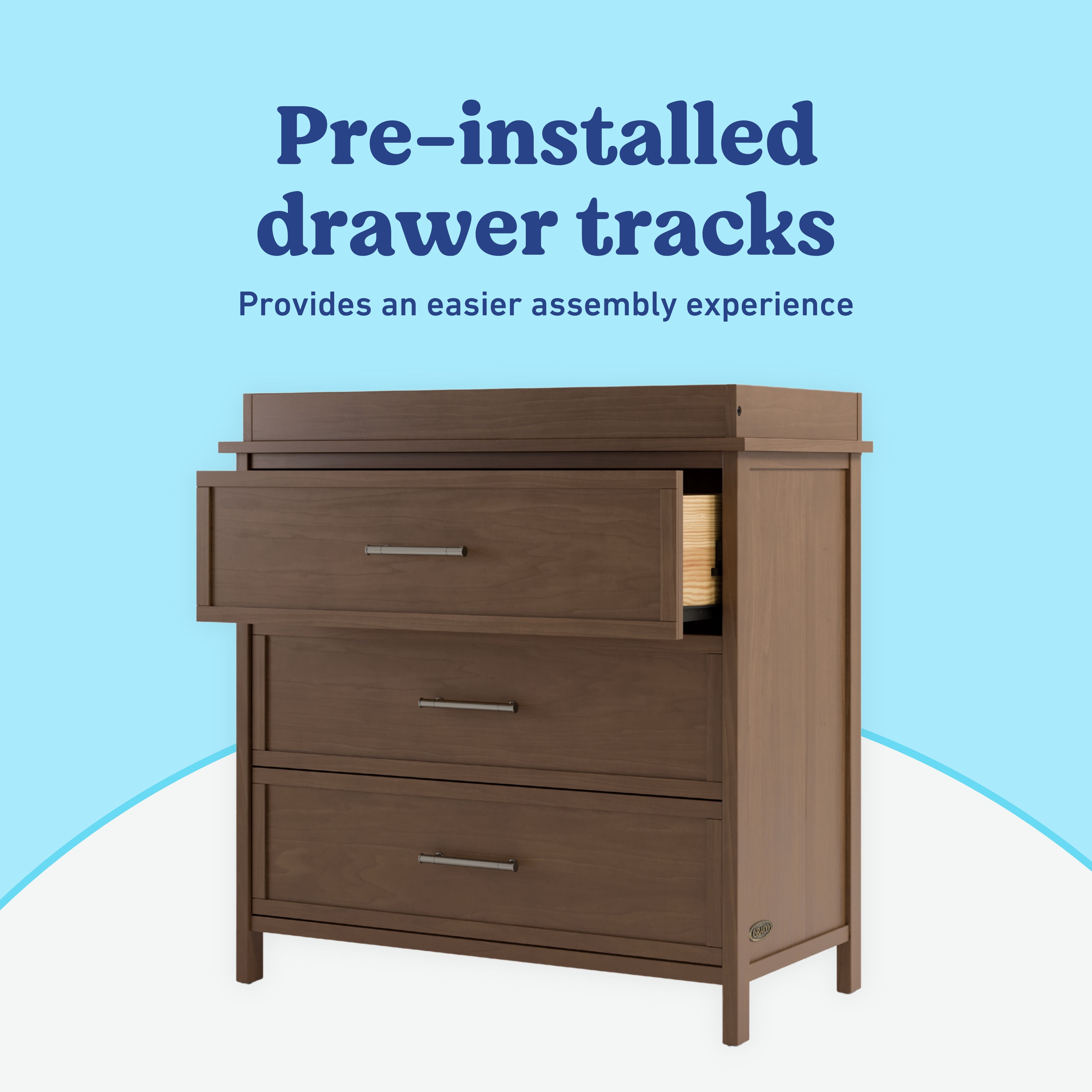 Classic hazelnut 3 drawer chest with topper pre-installed drawer tracks callout