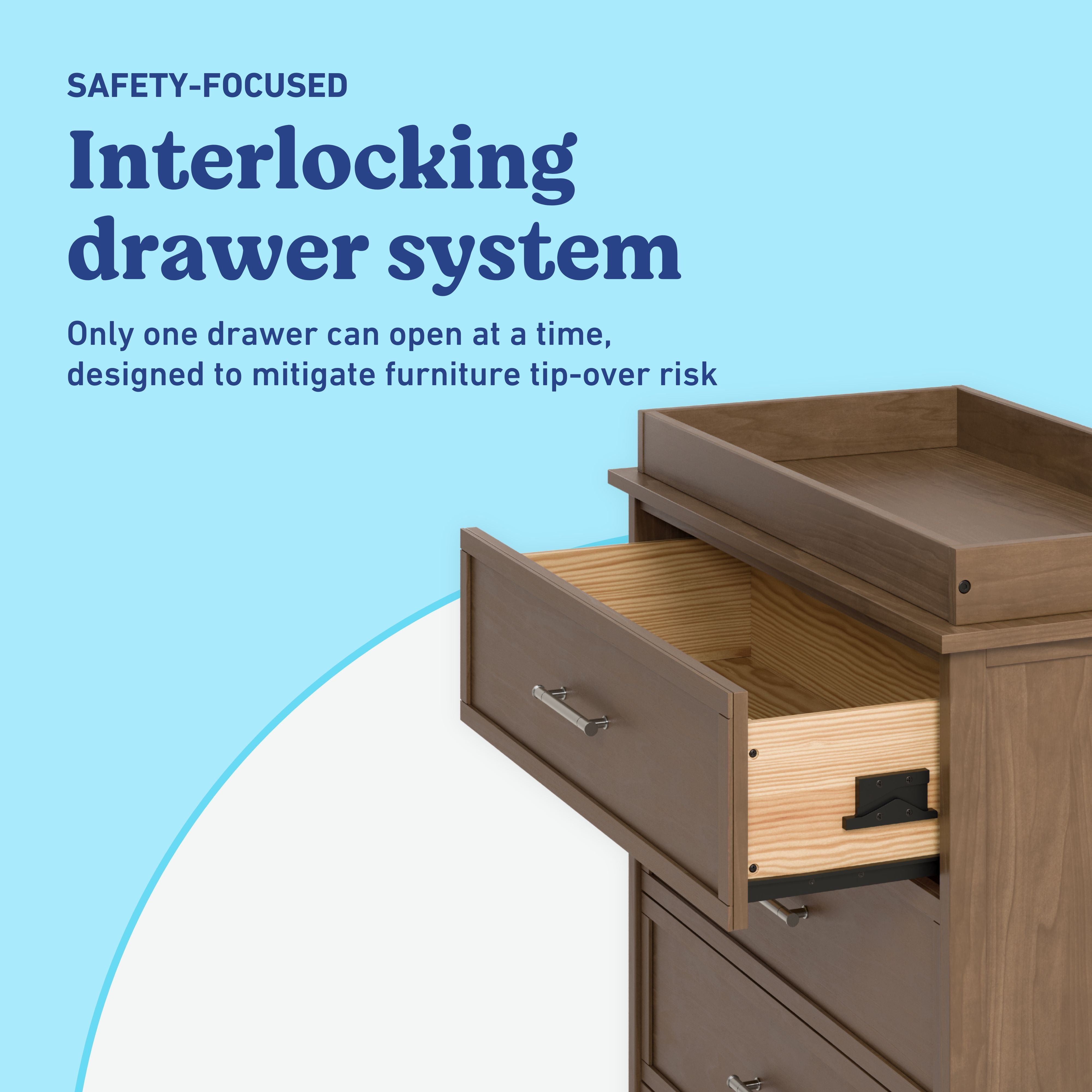 Classic hazelnut 3 drawer chest with topper interlocking drawers callout