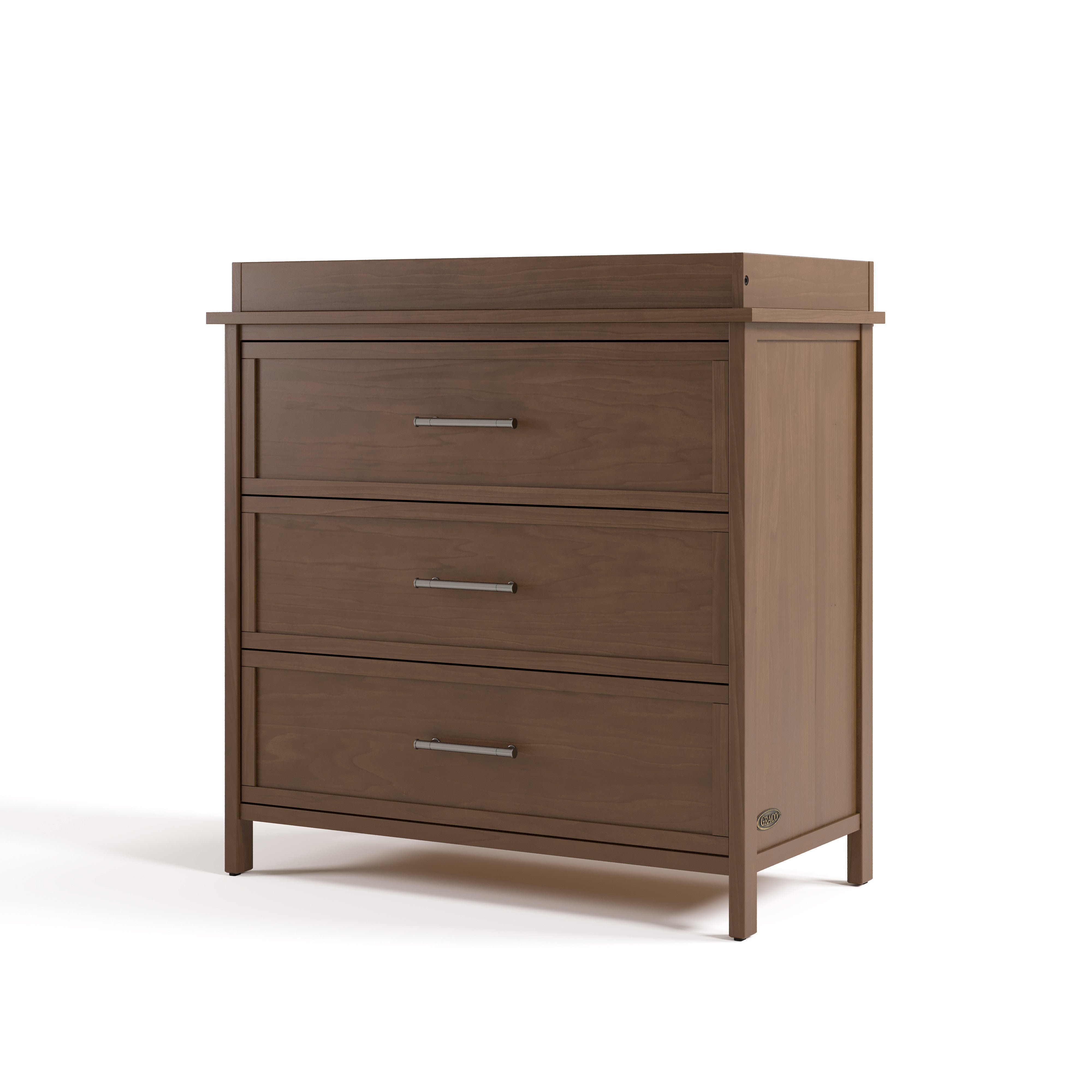 classic hazelnut 3 drawer chest with changing topper angle view