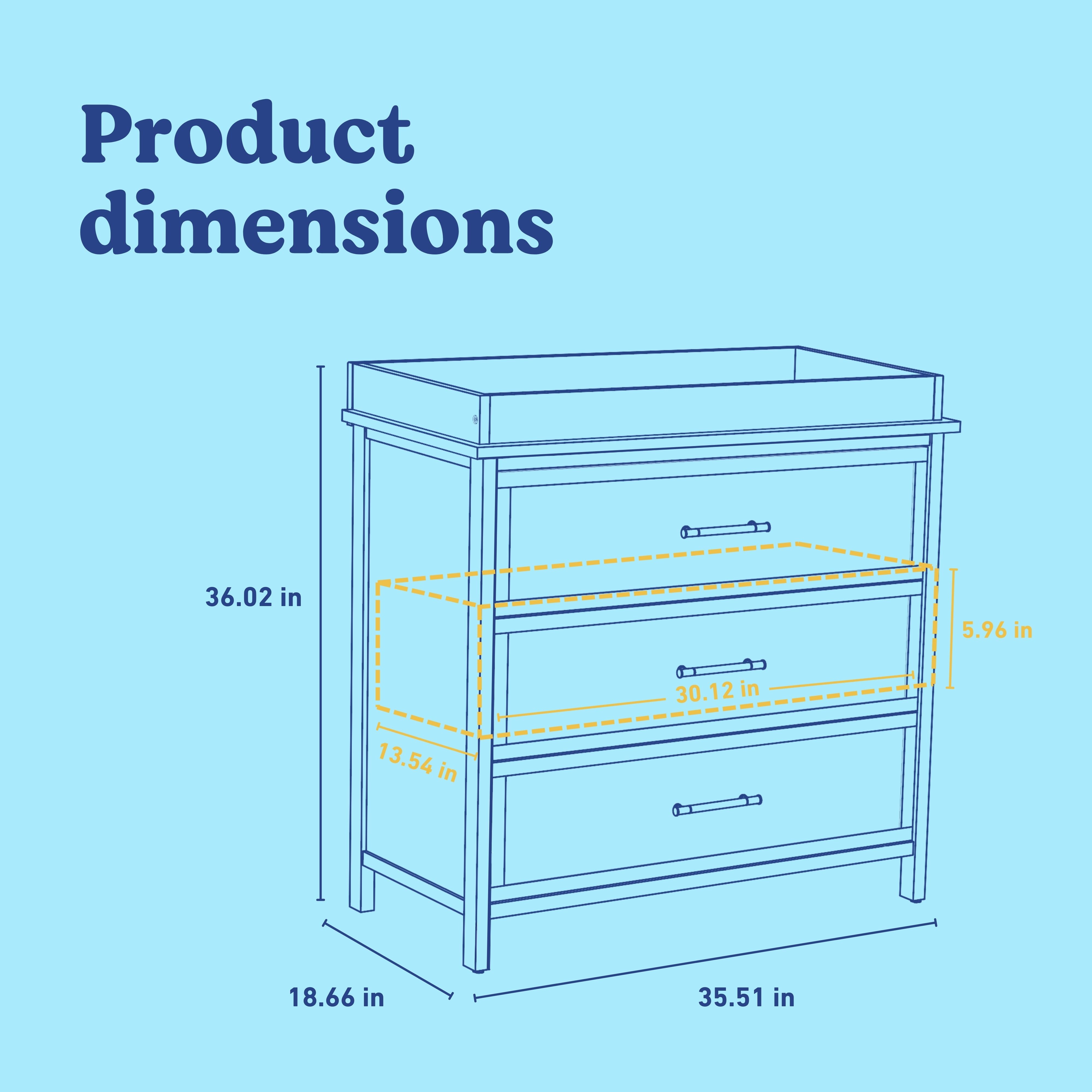 Classic 3 drawer chest with topper line drawing with dimensions